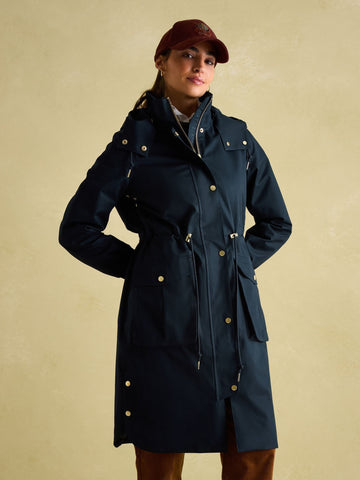 Harpsden Navy Waterproof Long Raincoat with Hood