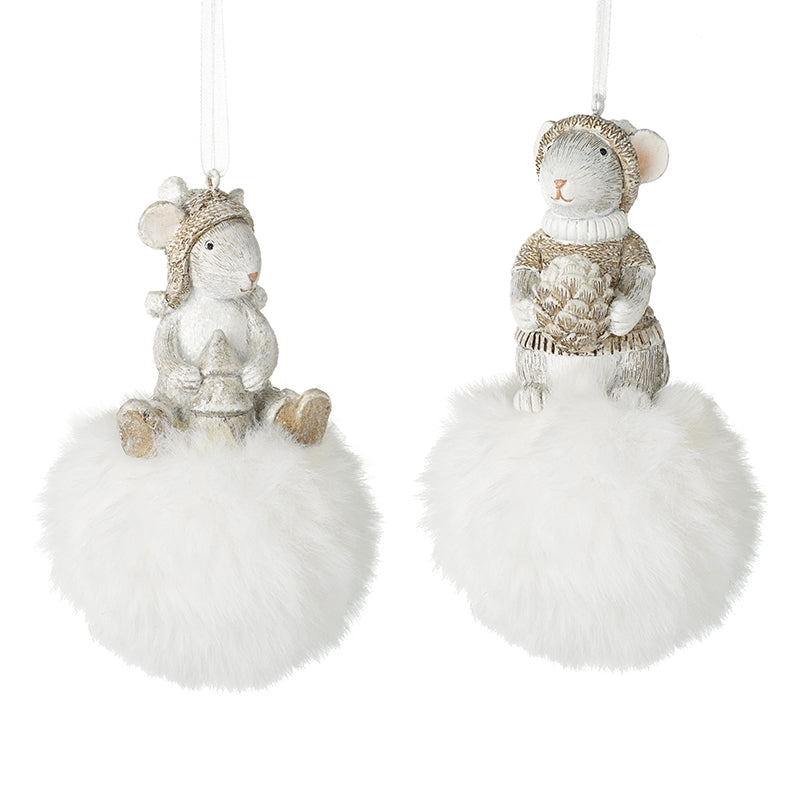 Mice On White Fluffy Pompoms