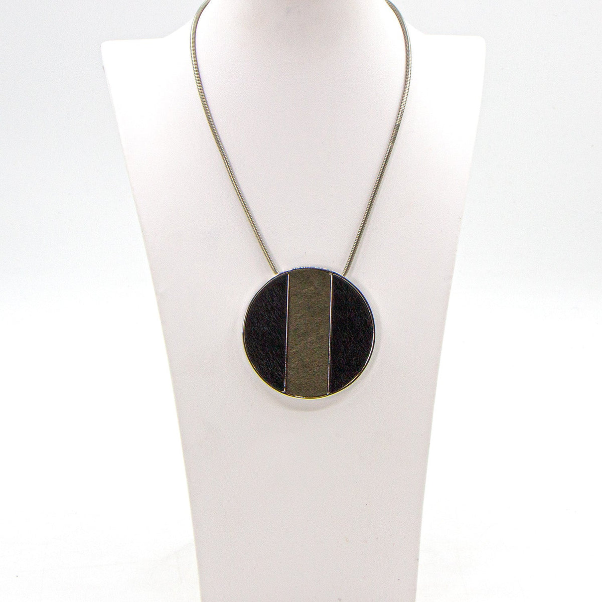 Black and grey horse hair disc pendant necklace