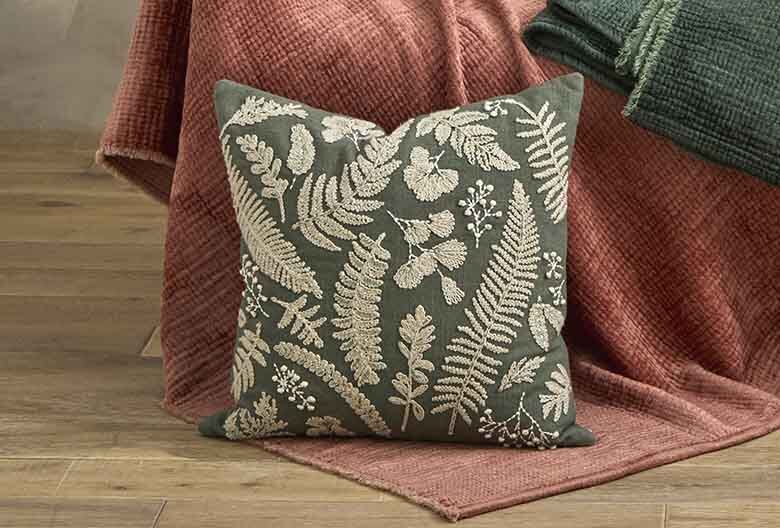 Embroidered kew cushion eucalyptus