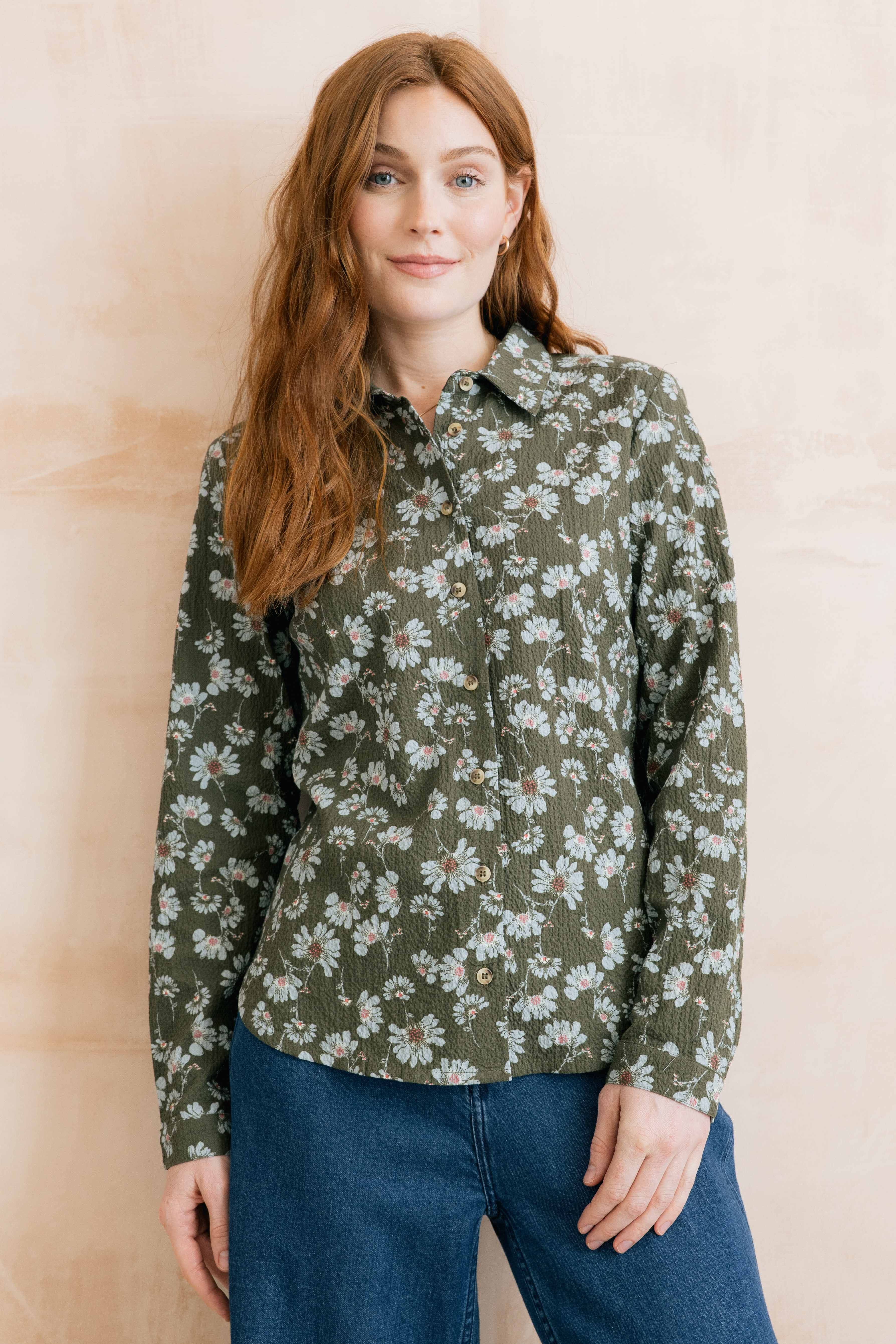 Patsy Textured Crepe Printed Shirt Olive
