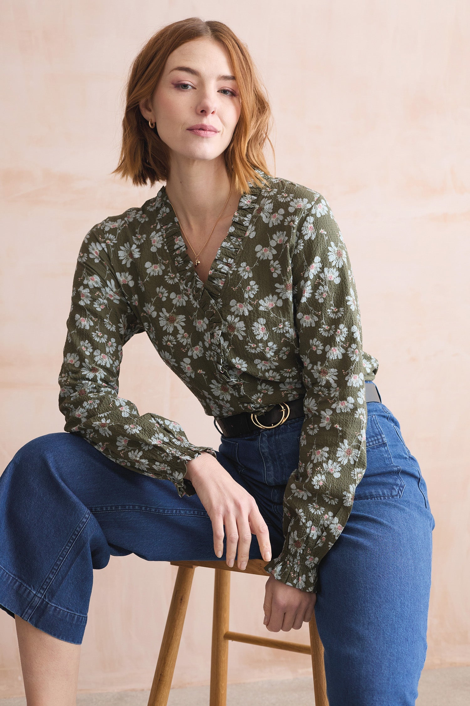 Kit Ruffle Textured Crepe Printed Blouse Olive