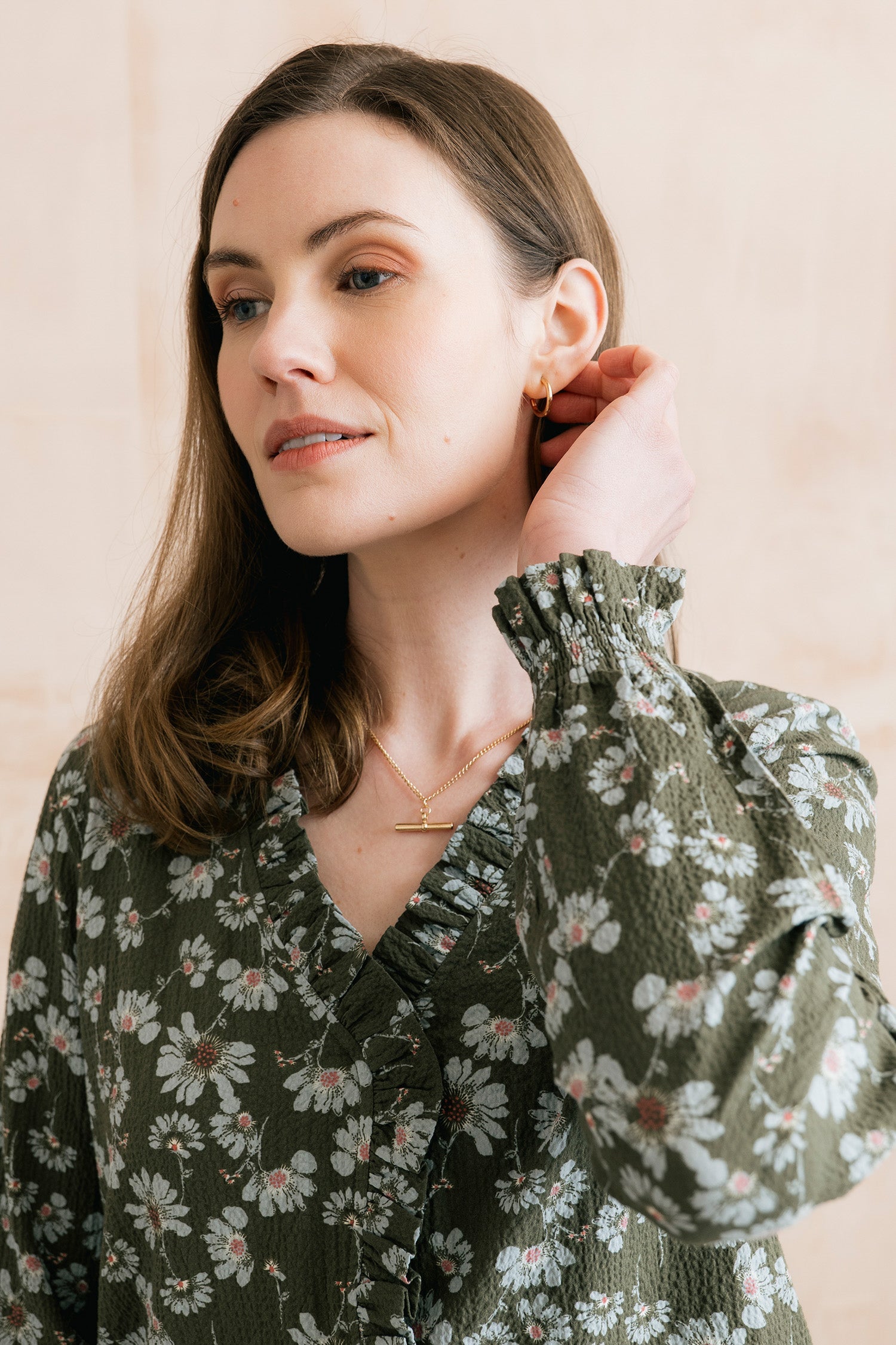 Kit Ruffle Textured Crepe Printed Blouse Olive