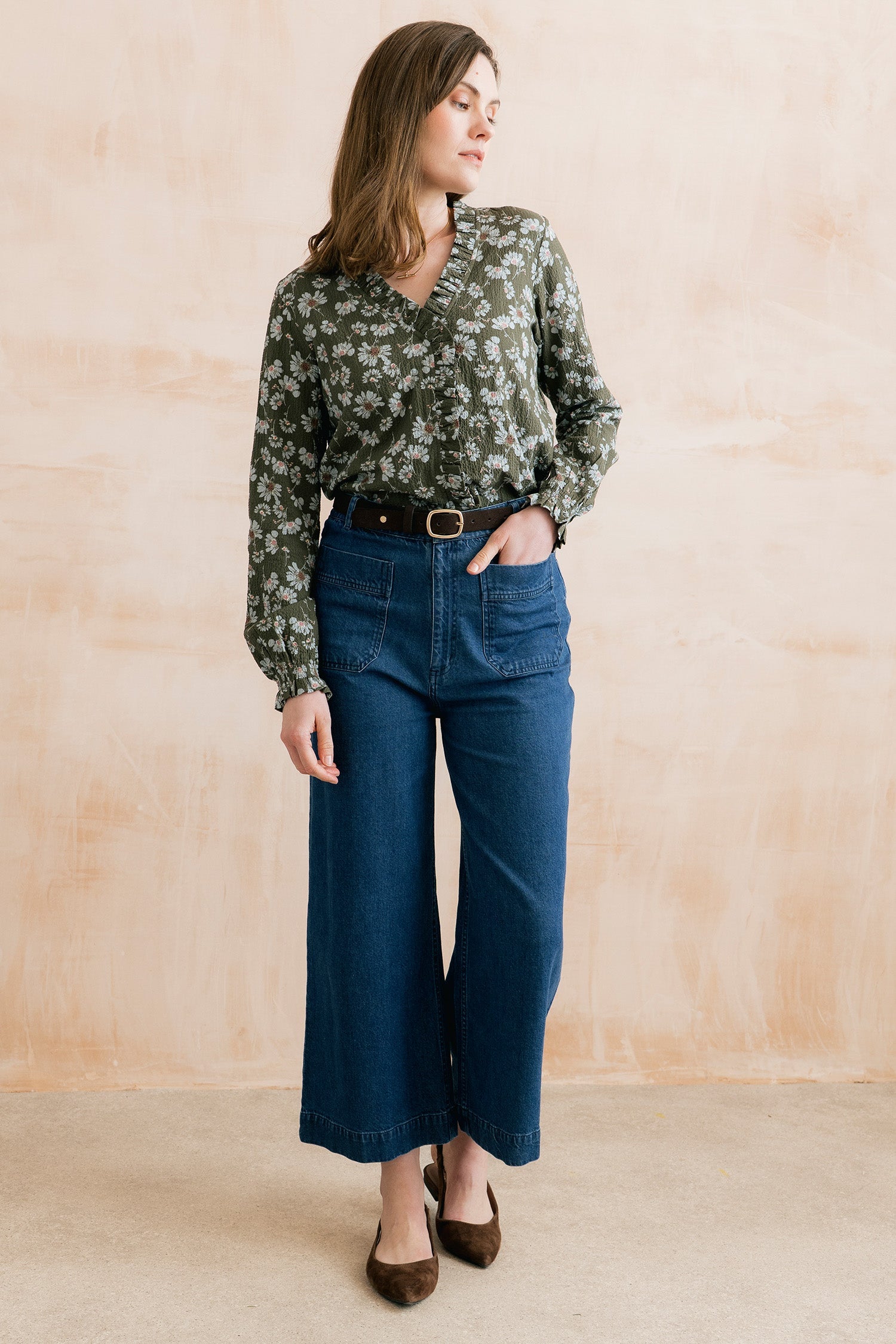 Kit Ruffle Textured Crepe Printed Blouse Olive