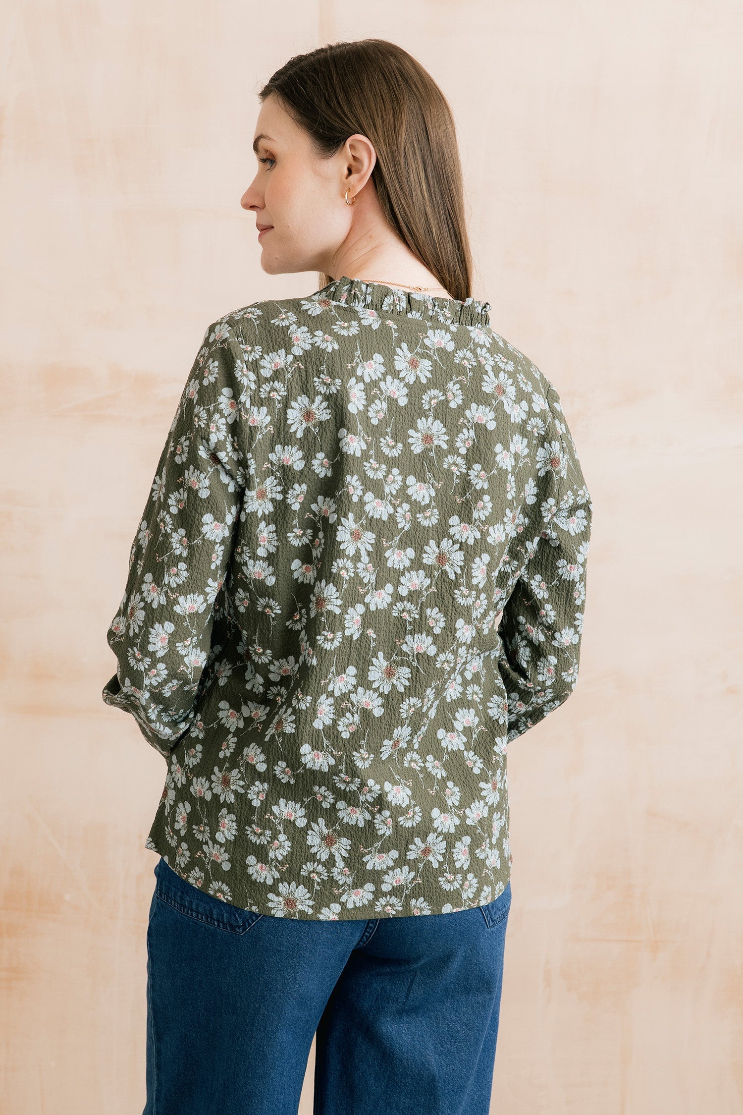 Kit Ruffle Textured Crepe Printed Blouse Olive