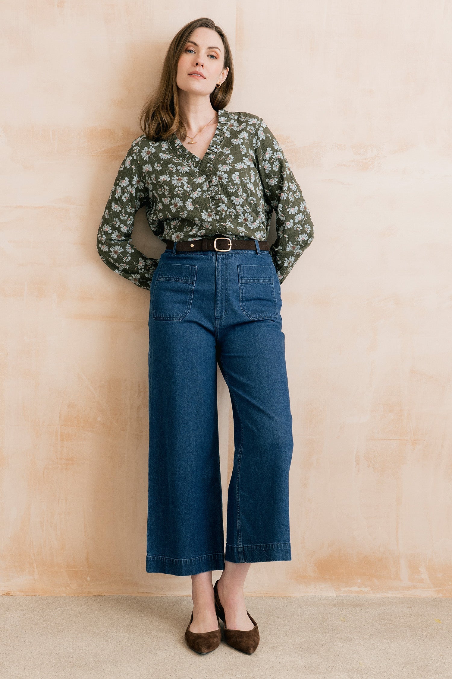 Kit Ruffle Textured Crepe Printed Blouse Olive