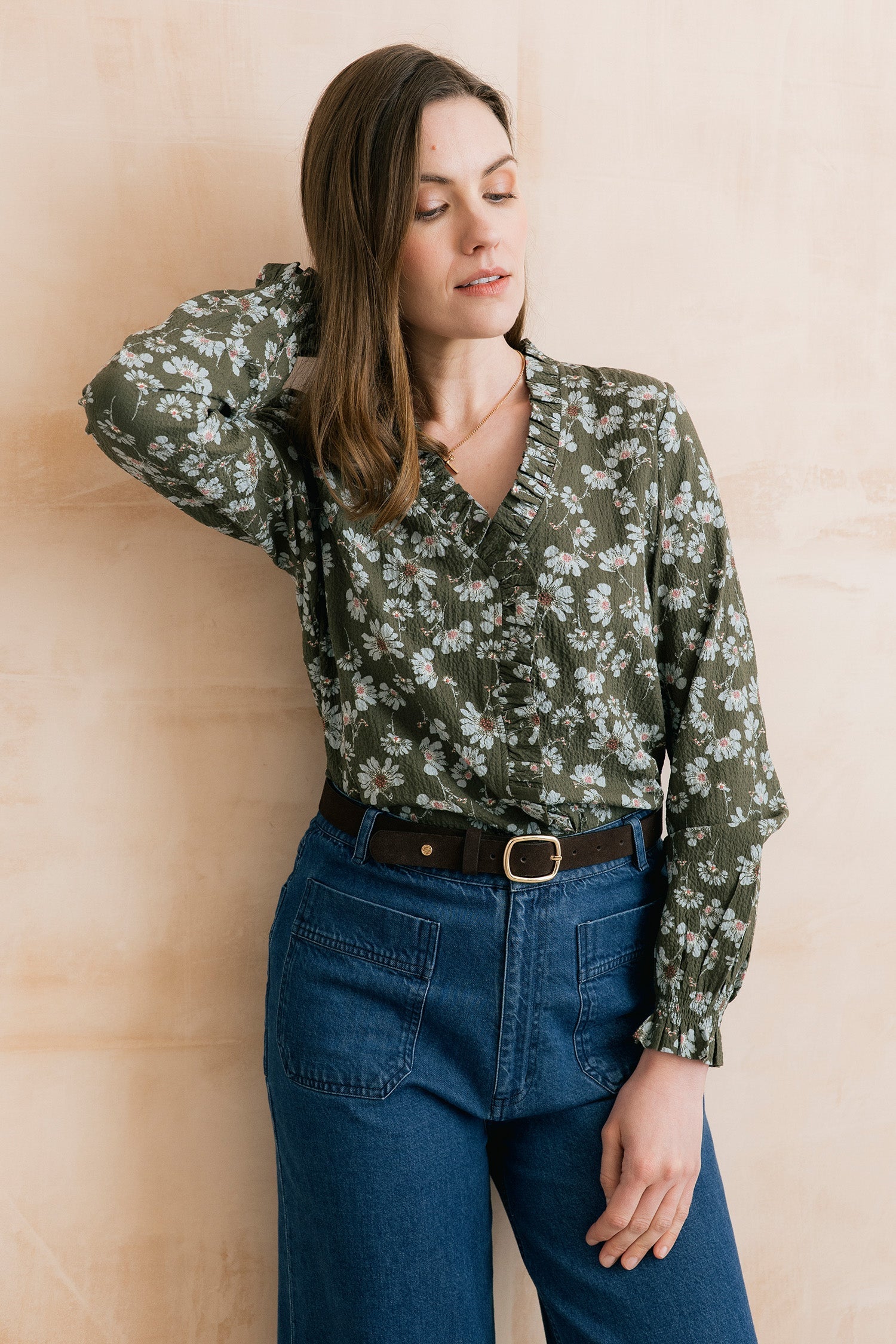 Kit Ruffle Textured Crepe Printed Blouse Olive