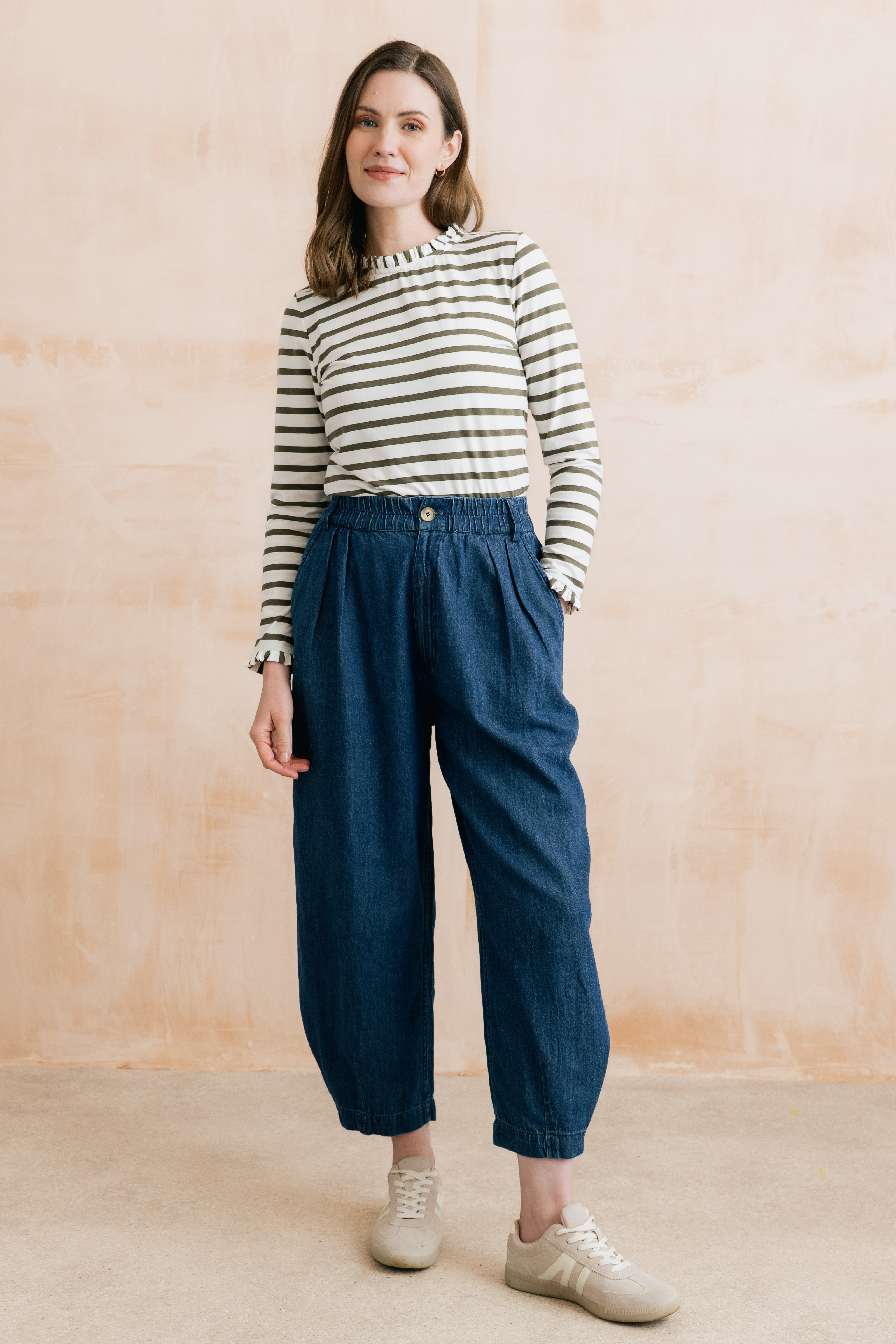 Marnie Striped Frill Neck Top Olive/Ecru