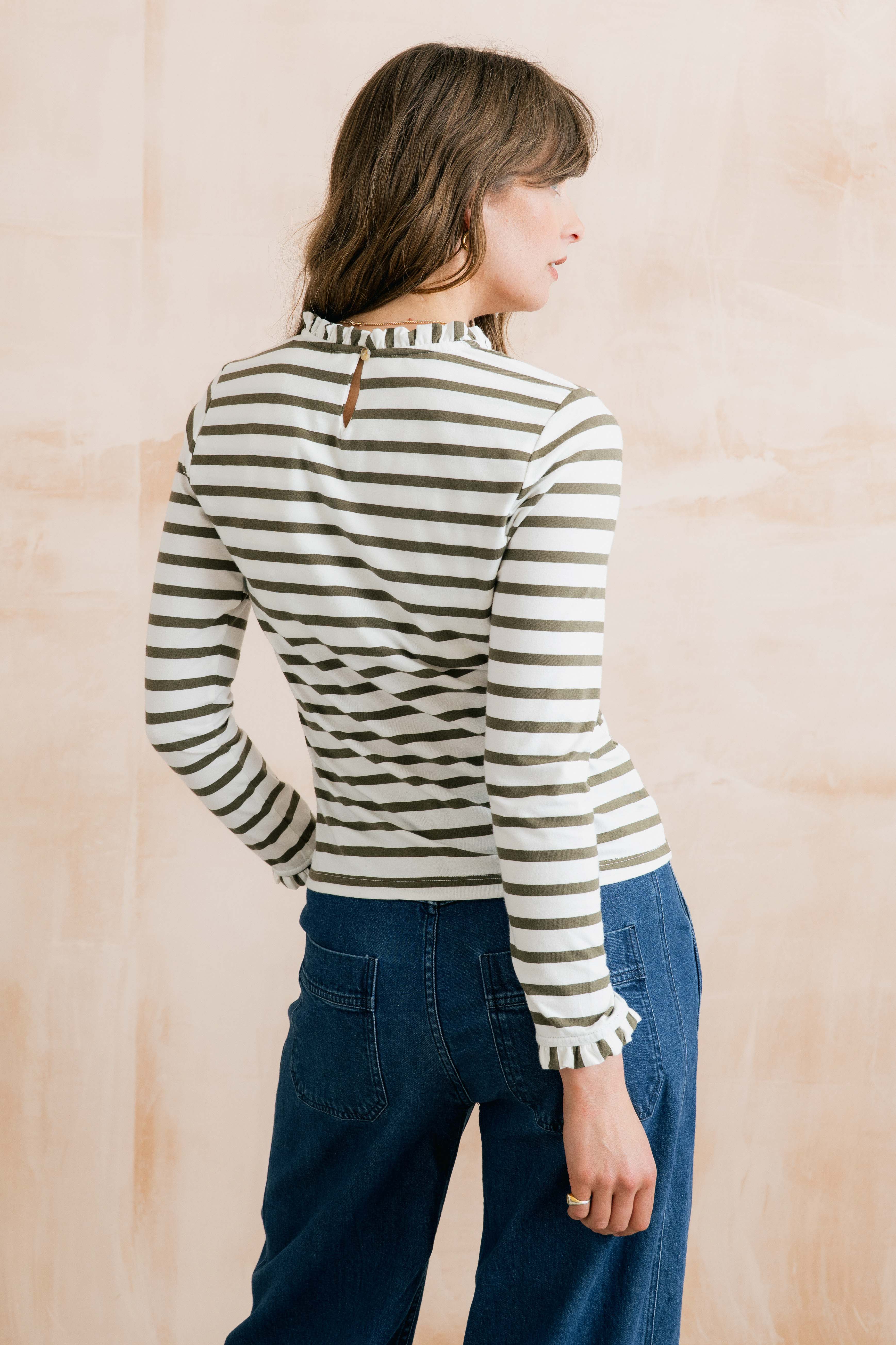 Marnie Striped Frill Neck Top Olive/Ecru