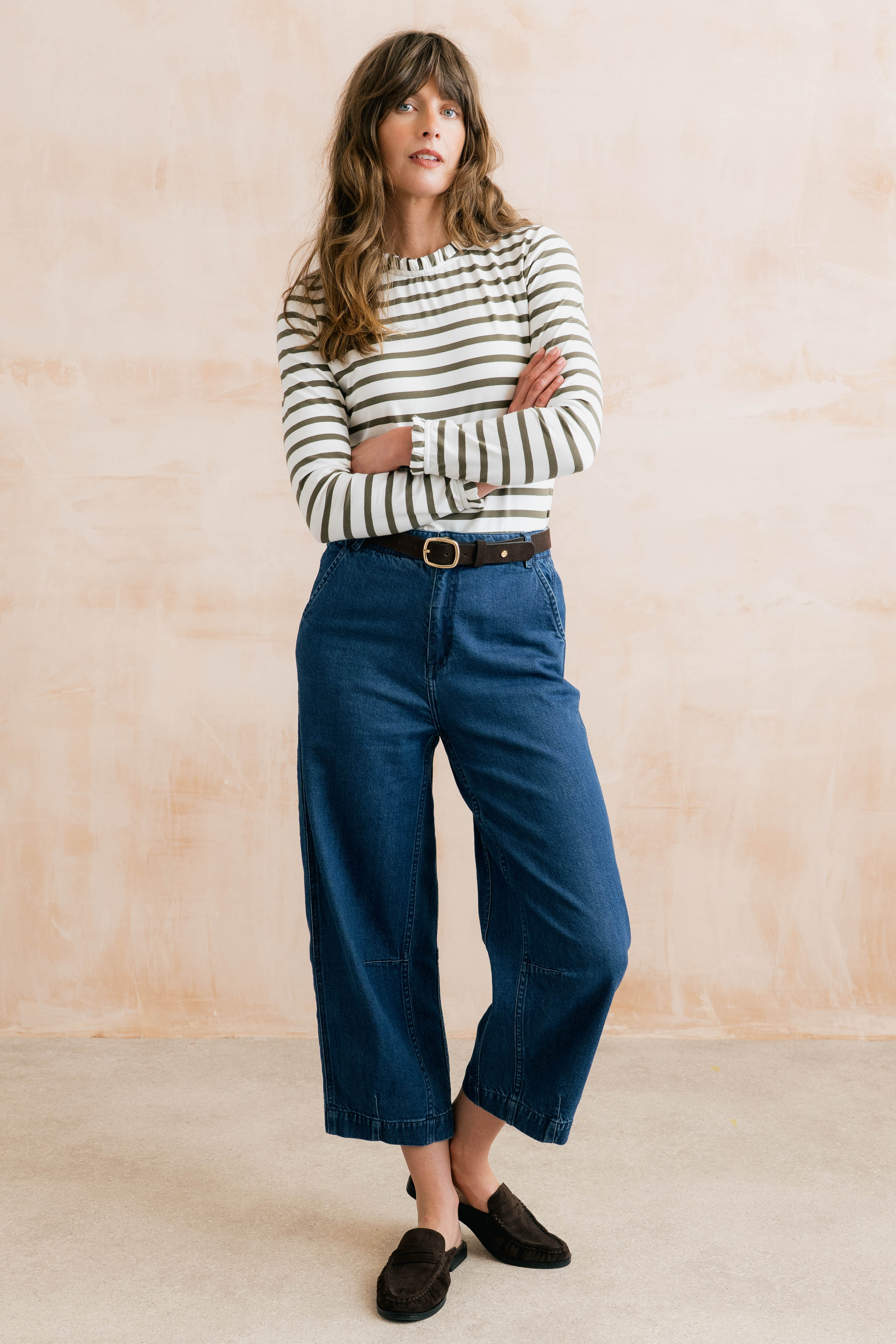 Marnie Striped Frill Neck Top Olive/Ecru