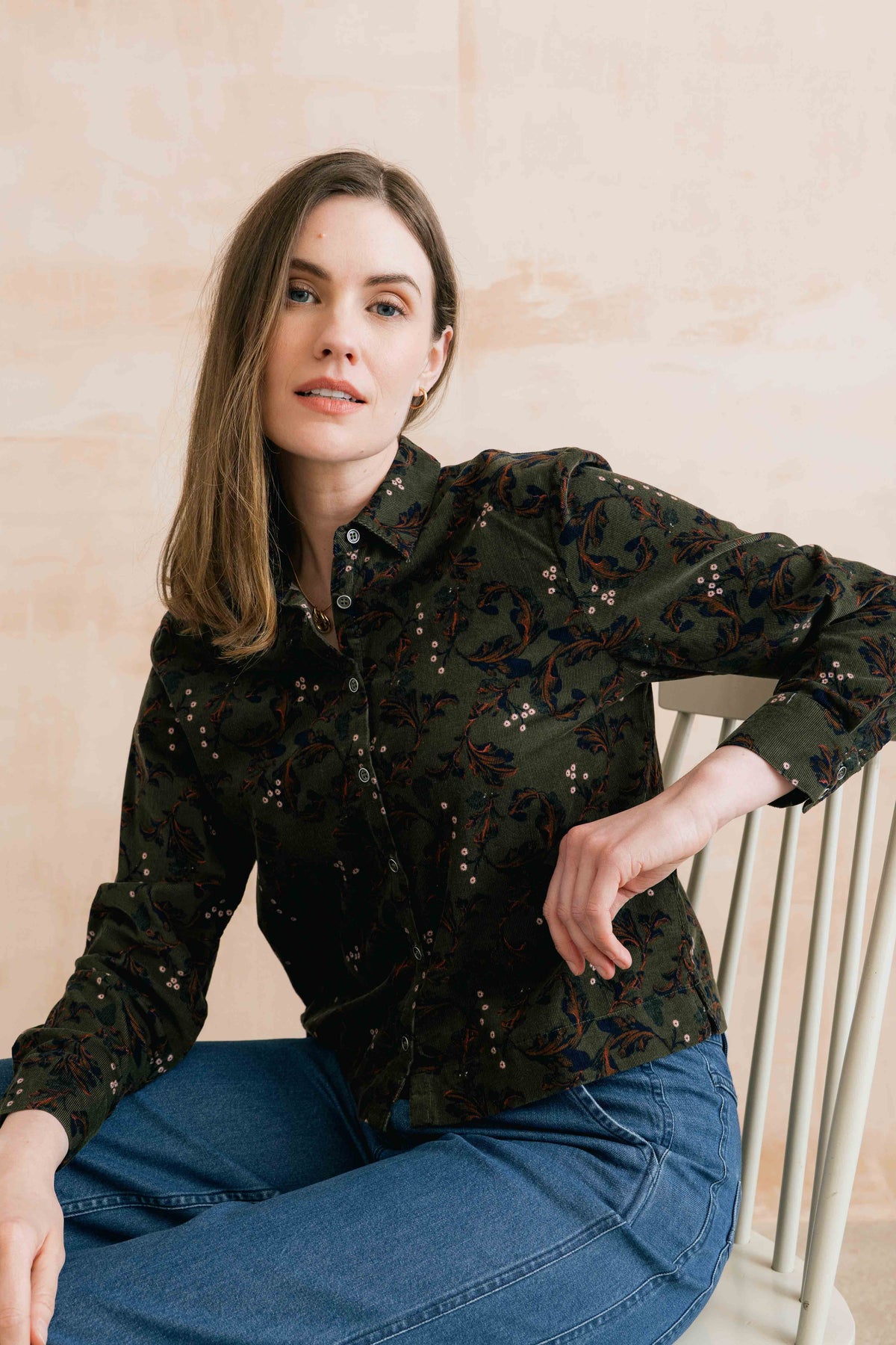 Bracken Cotton Pincord Printed Shirt Olive