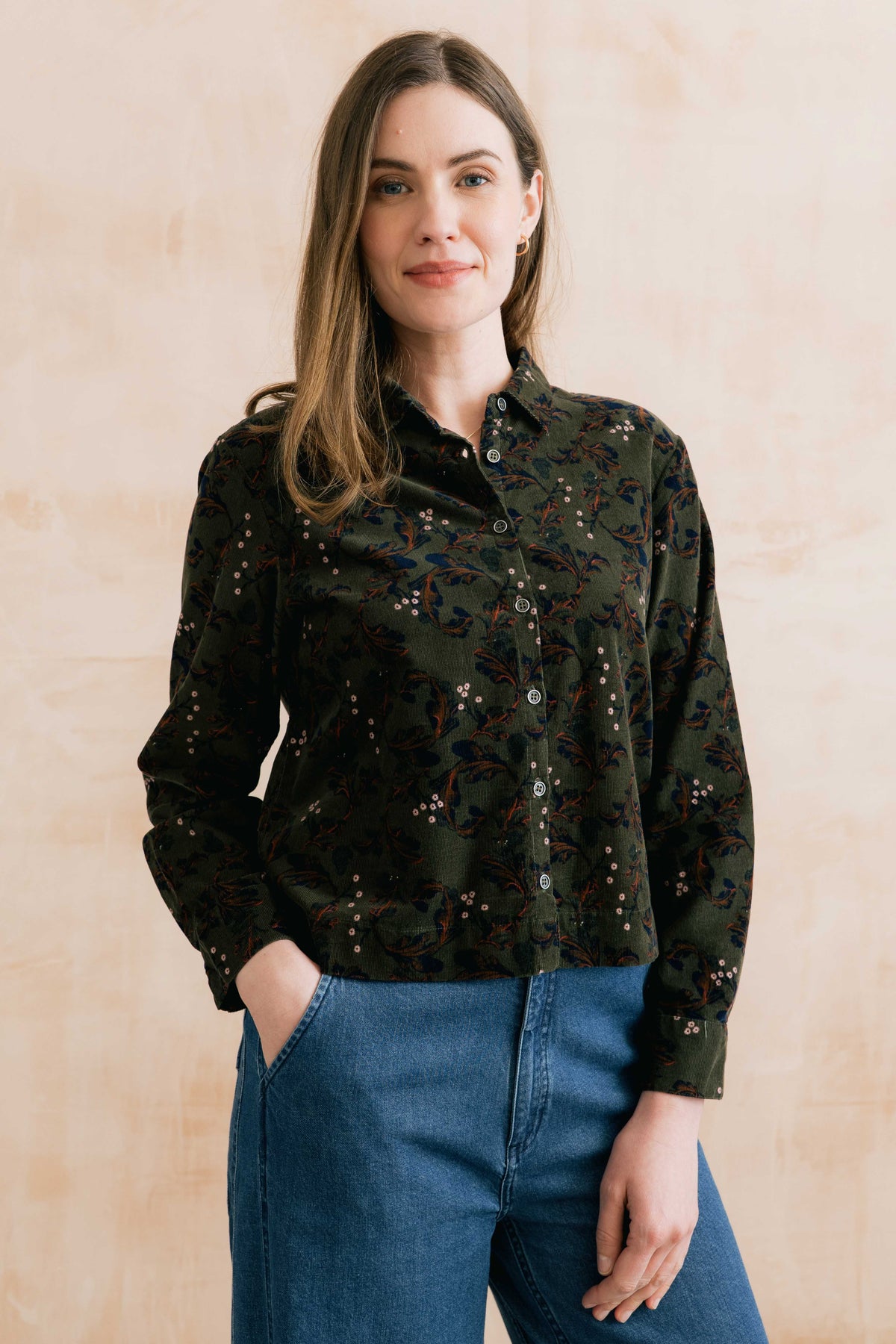 Bracken Cotton Pincord Printed Shirt Olive
