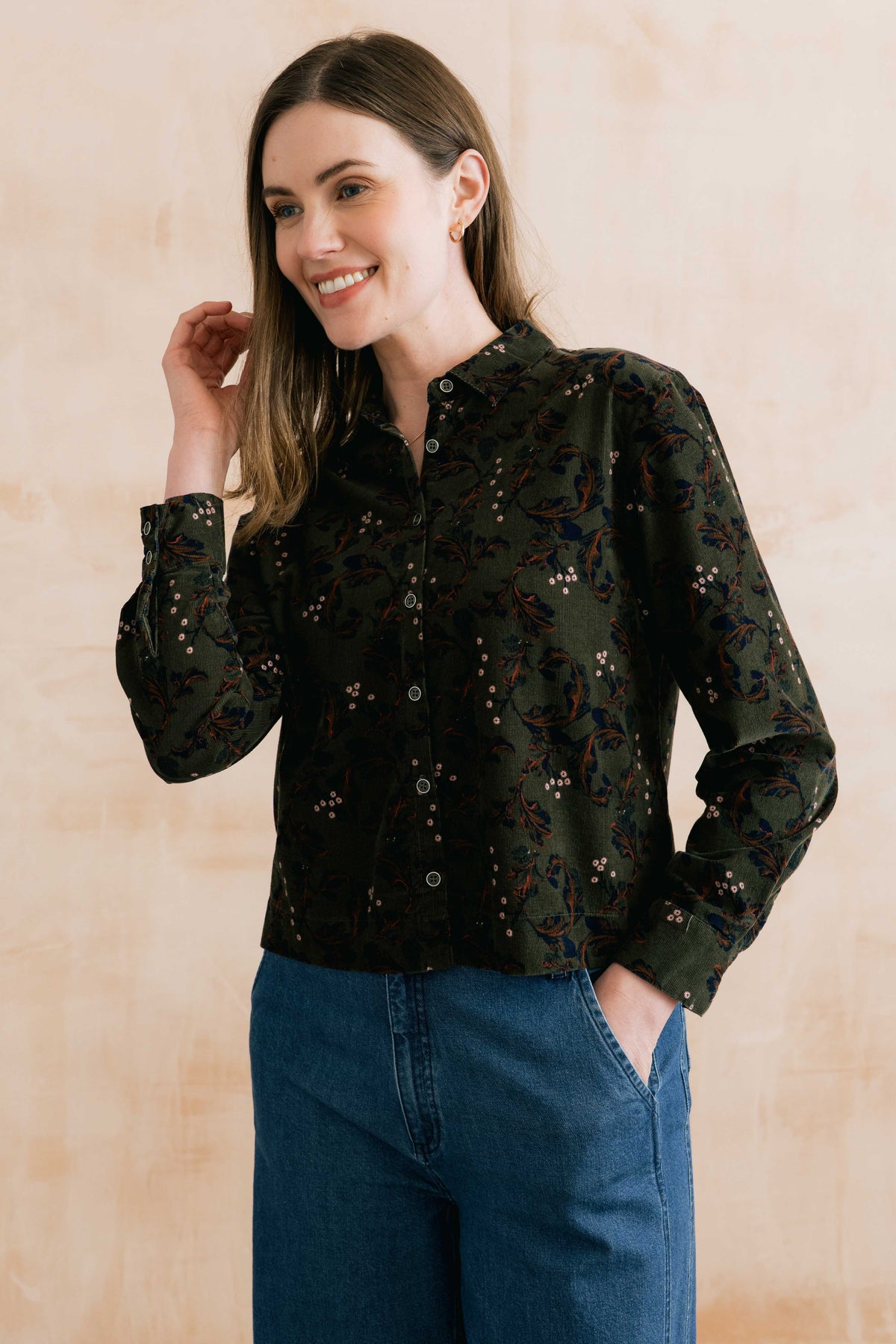Bracken Cotton Pincord Printed Shirt Olive