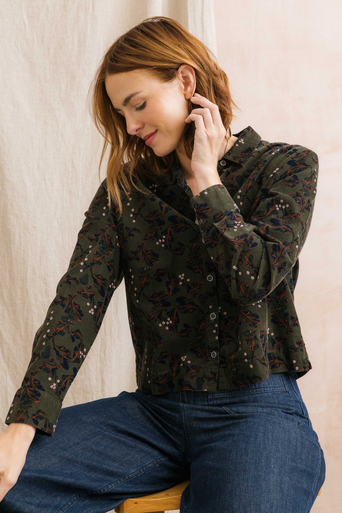 Bracken Cotton Pincord Printed Shirt Olive