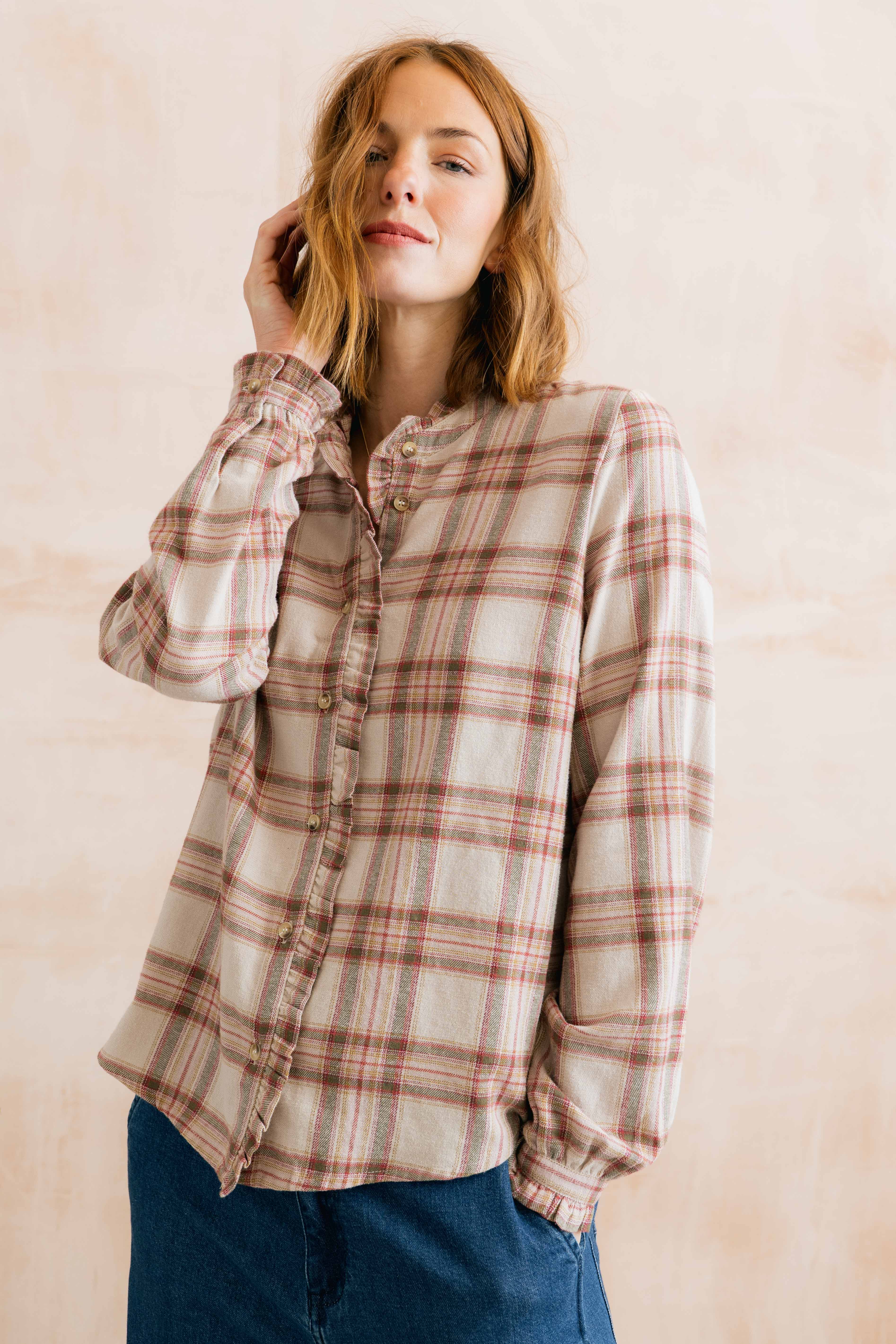 Sage Frill Organic Brushed Cotton Checked Blouse Multi