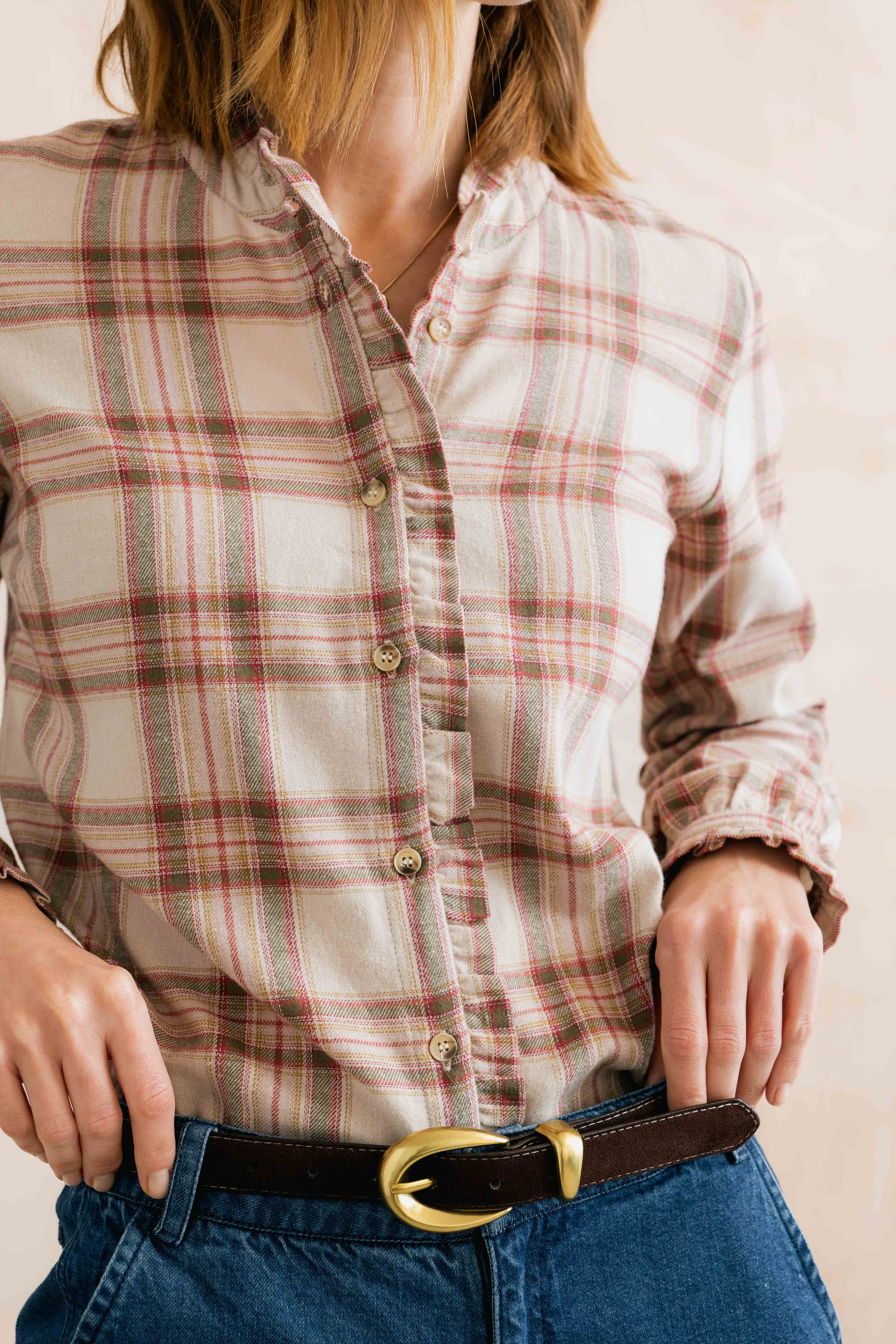 Sage Frill Organic Brushed Cotton Checked Blouse Multi