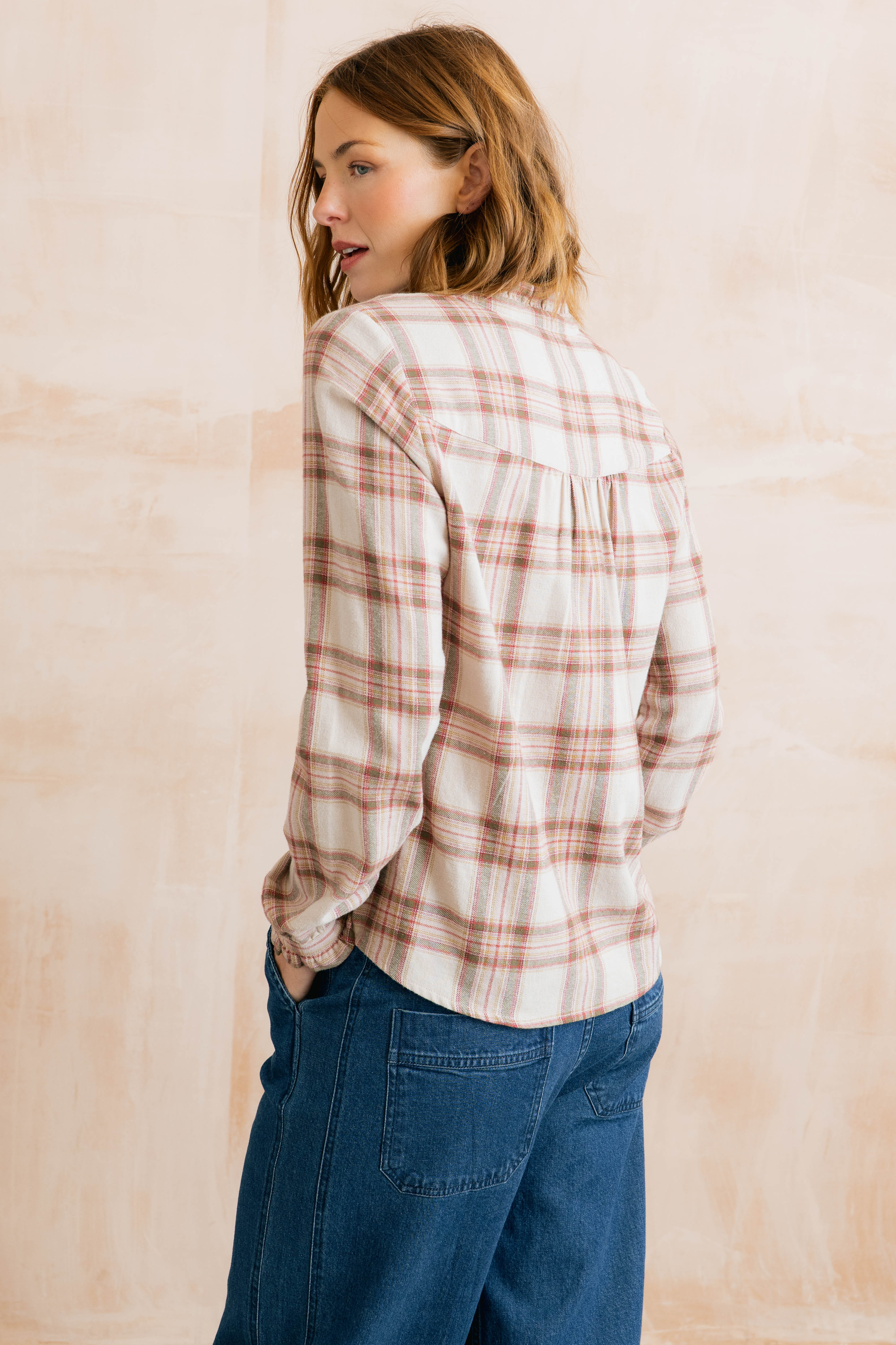 Sage Frill Organic Brushed Cotton Checked Blouse Multi