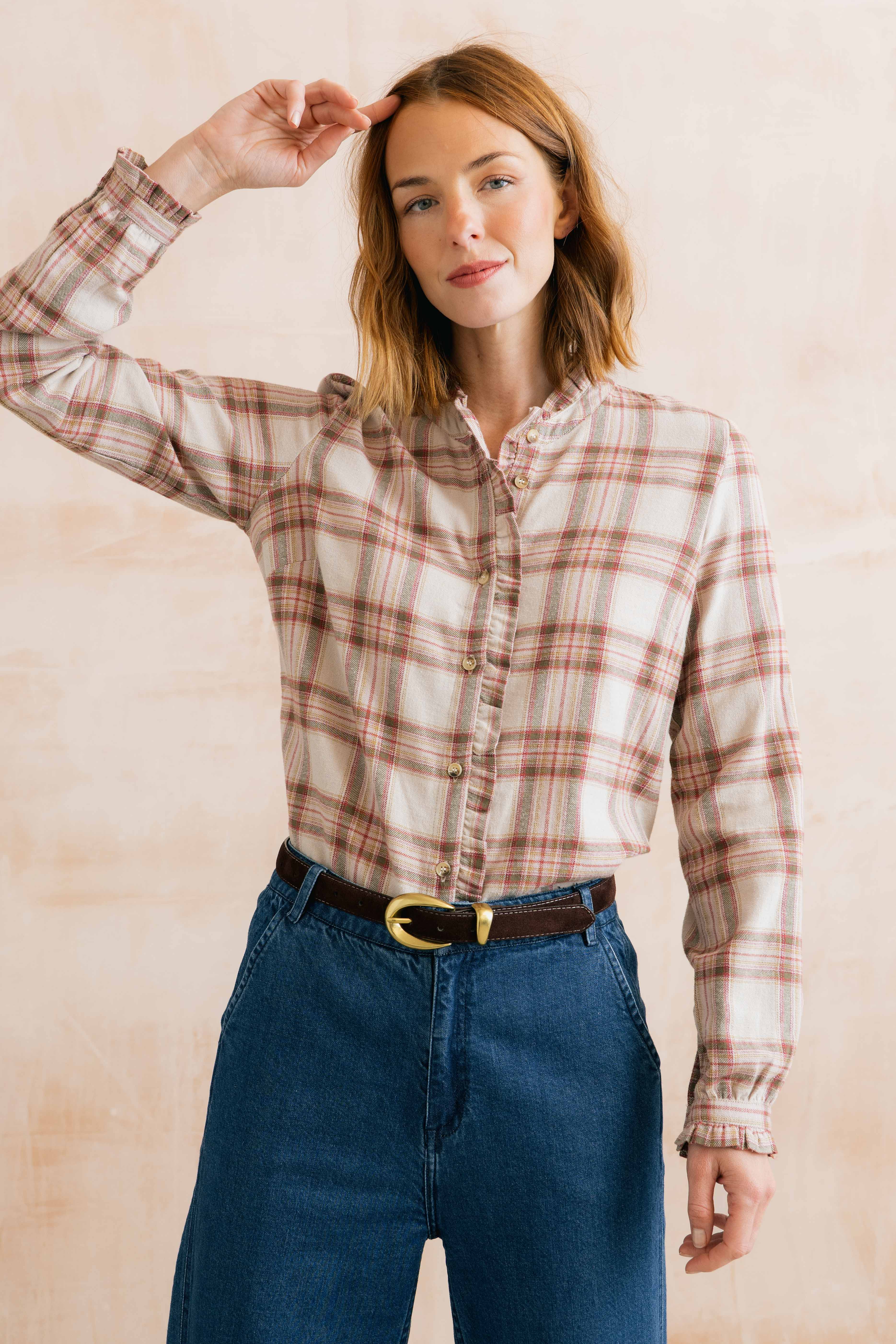 Sage Frill Organic Brushed Cotton Checked Blouse Multi