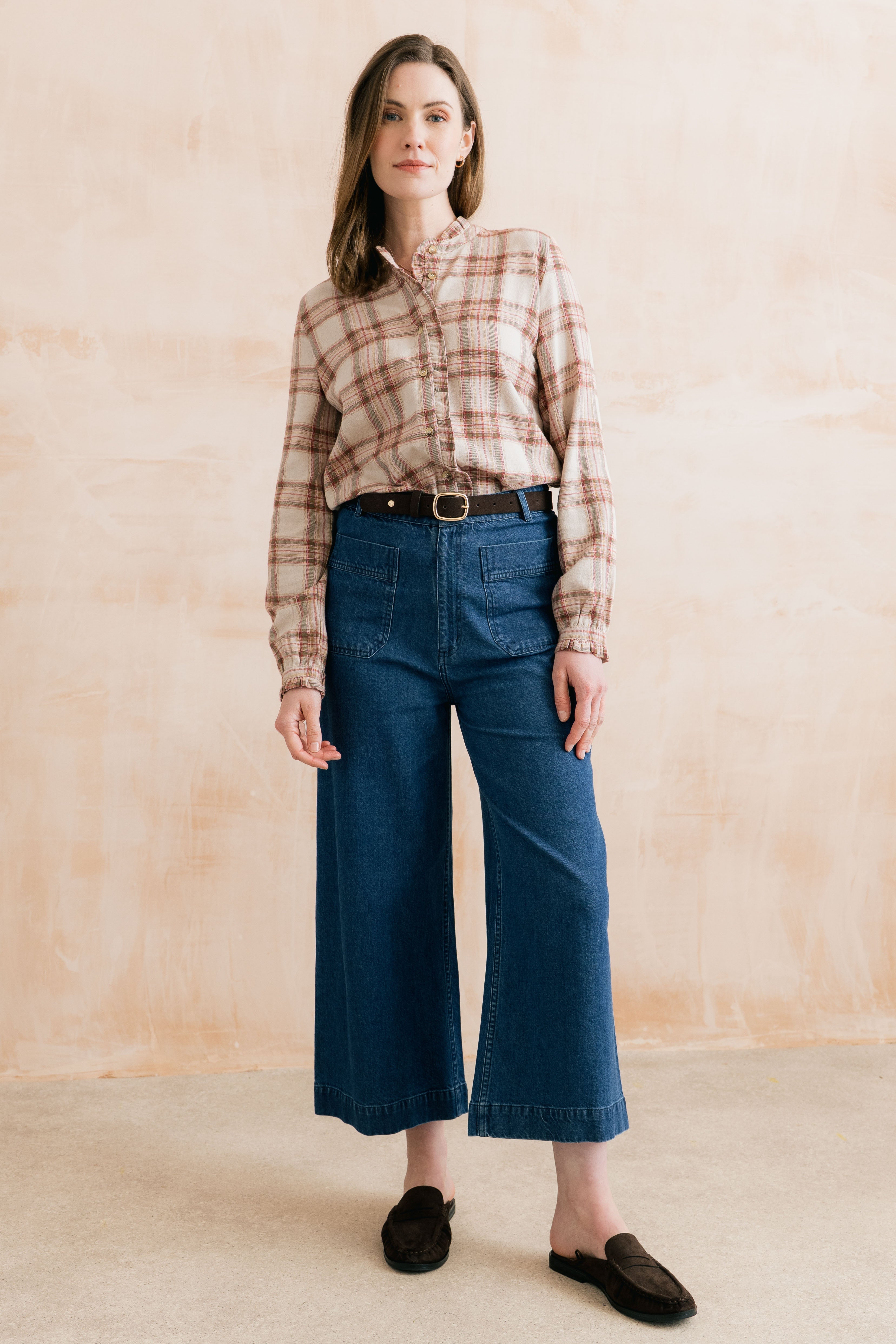 Sage Frill Organic Brushed Cotton Checked Blouse Multi