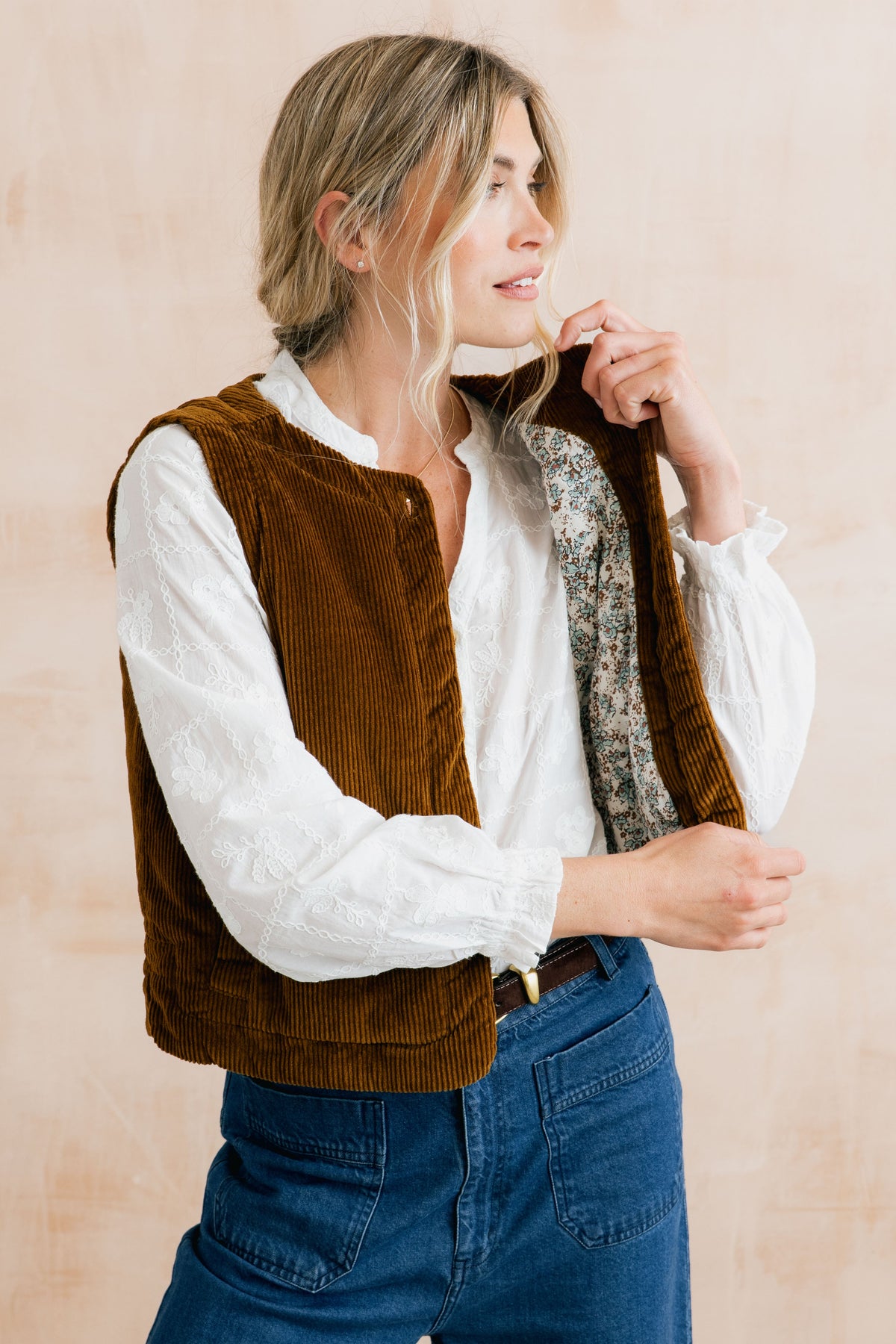 Twilight Stretch Jumbo Cord Gilet Burnt Caramel