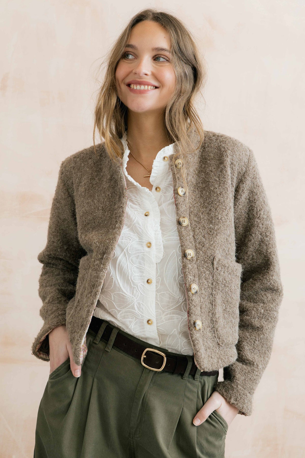 Scarlett Reversible Textured Bouclé Jacket Mushroom