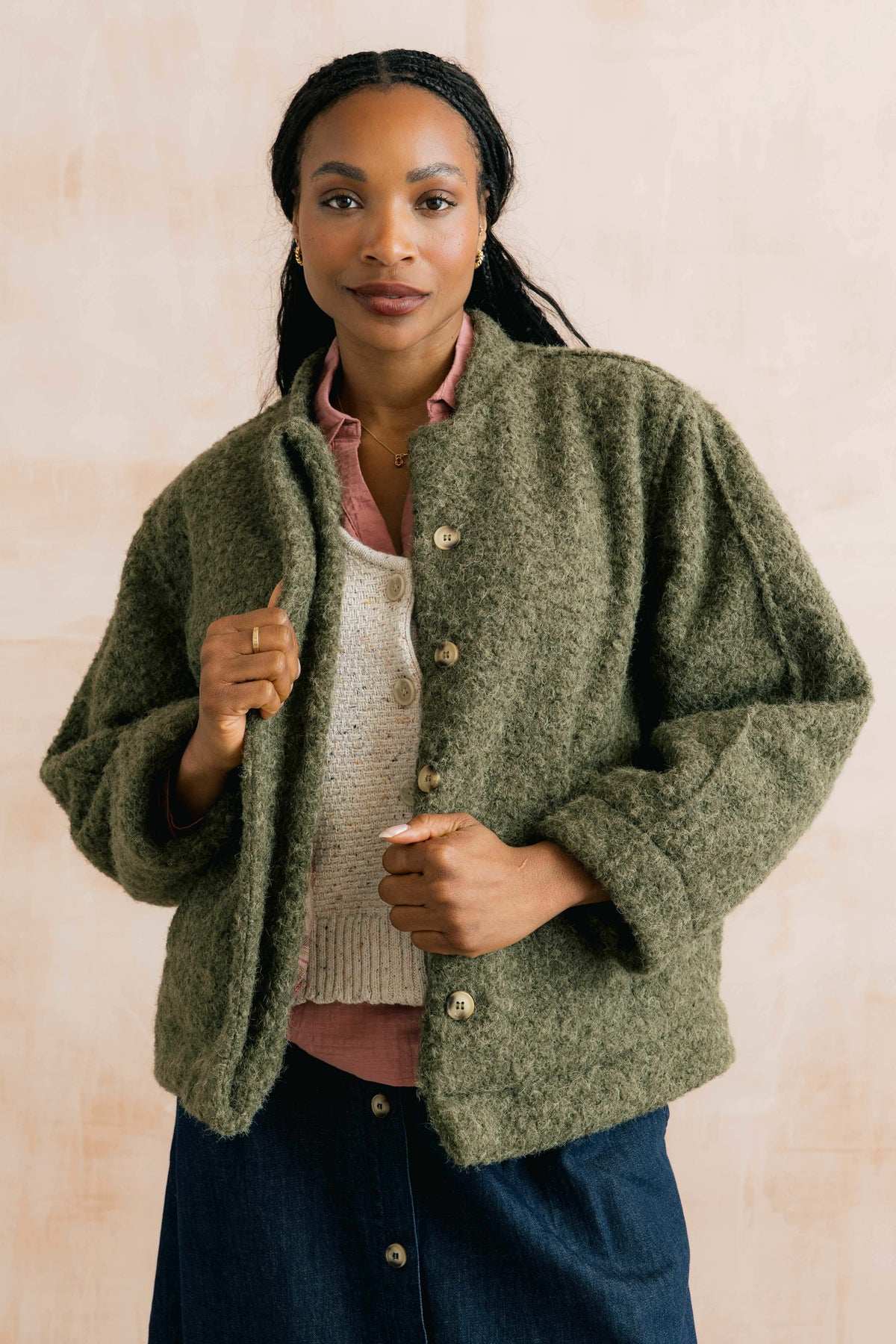 Emin Textured Bouclé Bomber Style Jacket Dark Olive