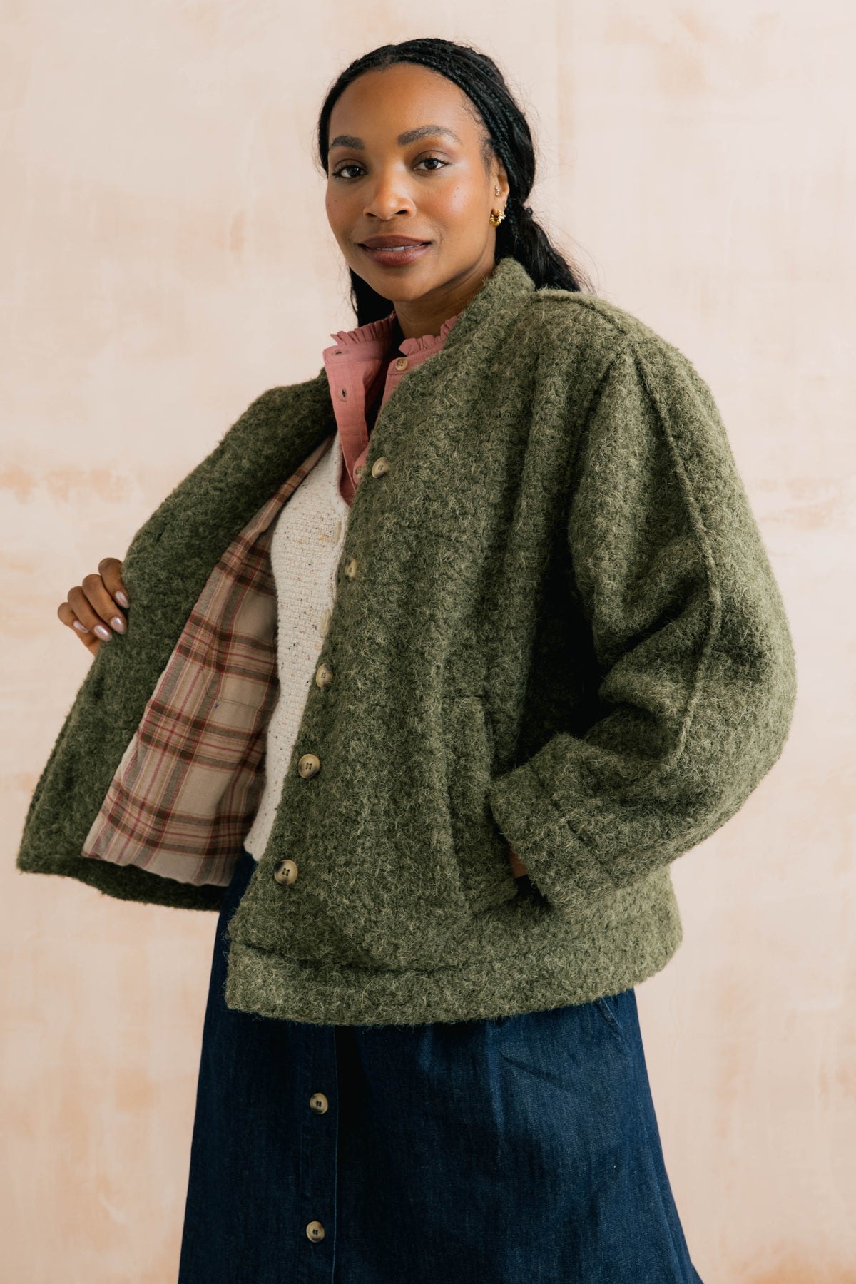 Emin Textured Bouclé Bomber Style Jacket Dark Olive