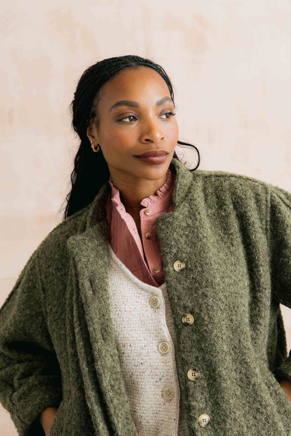 Emin Textured Bouclé Bomber Style Jacket Dark Olive