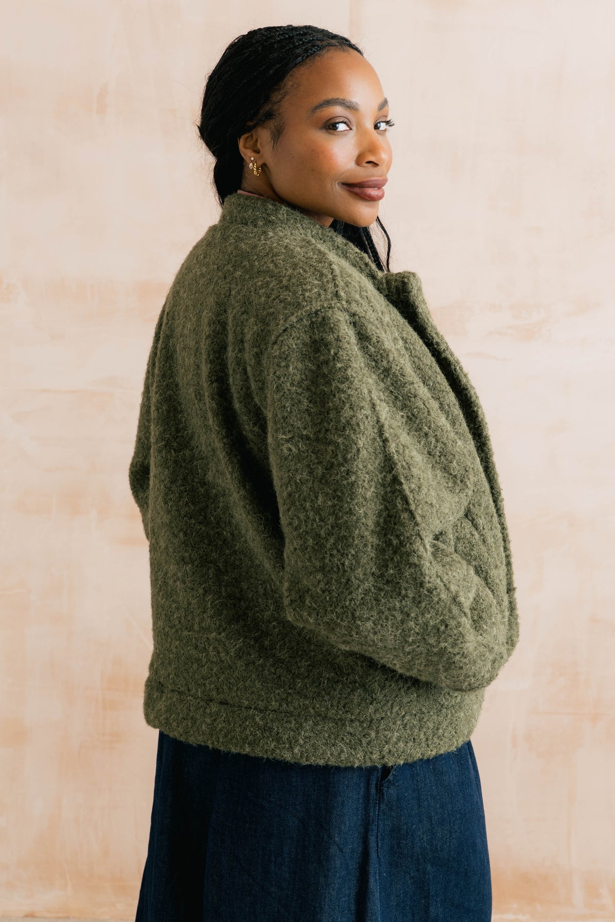 Emin Textured Bouclé Bomber Style Jacket Dark Olive