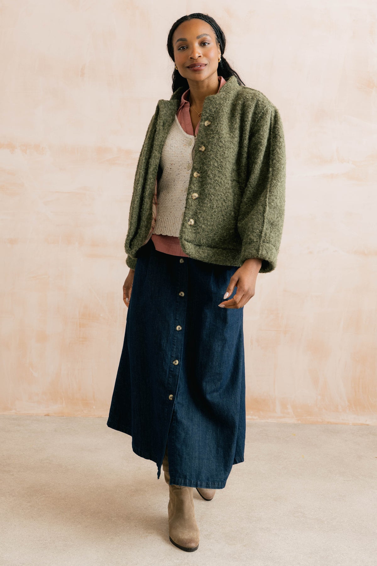 Emin Textured Bouclé Bomber Style Jacket Dark Olive