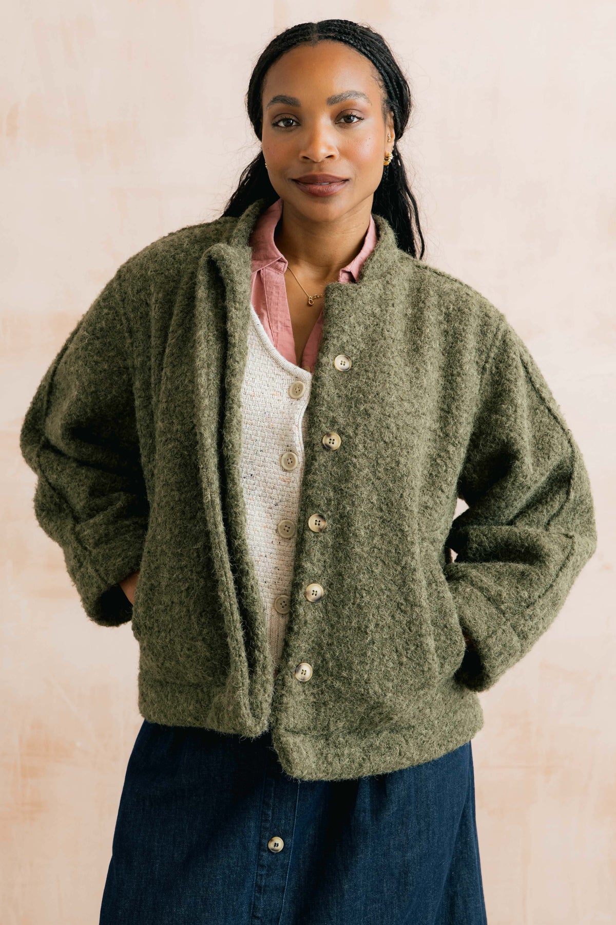 Emin Textured Bouclé Bomber Style Jacket Dark Olive