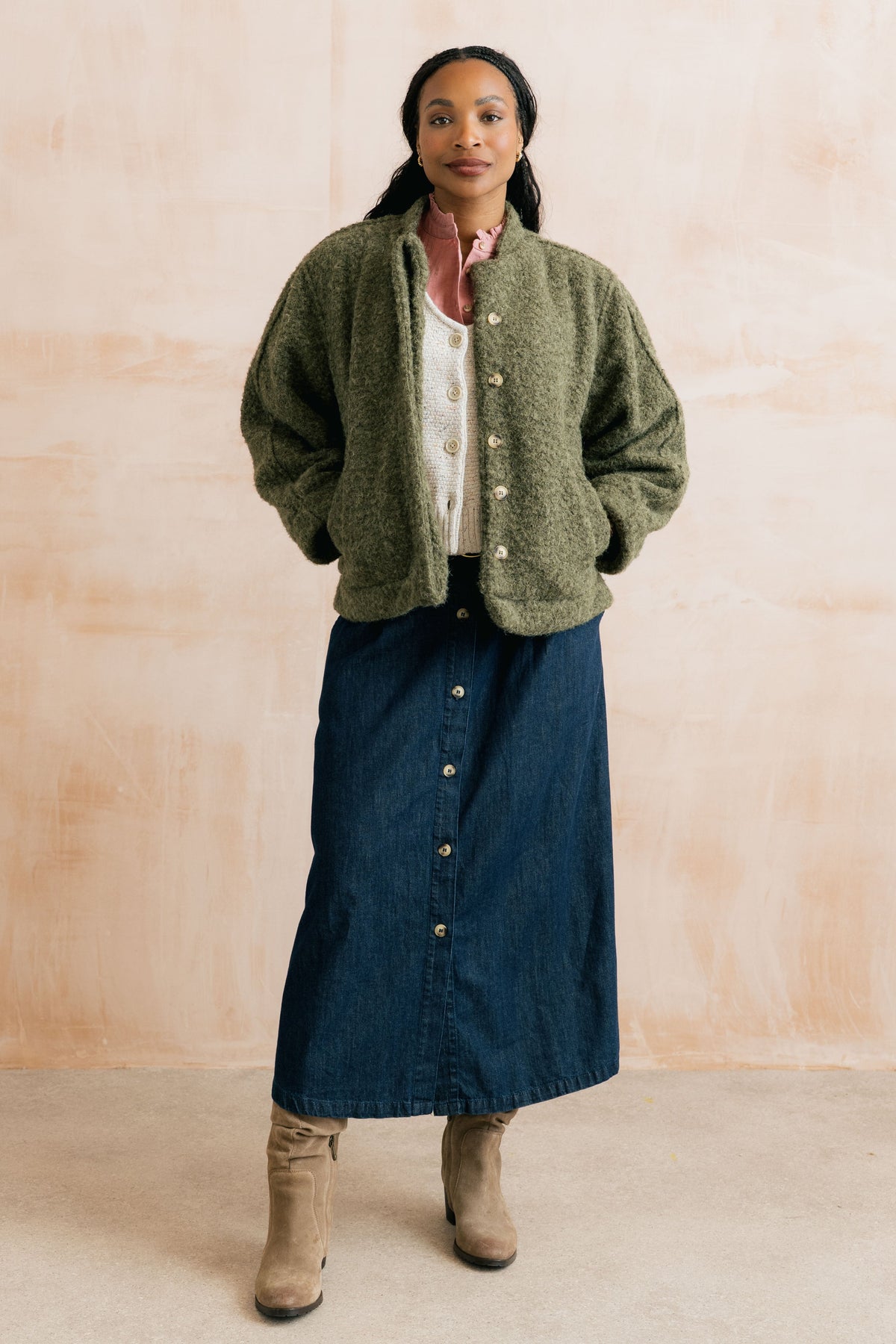 Emin Textured Bouclé Bomber Style Jacket Dark Olive
