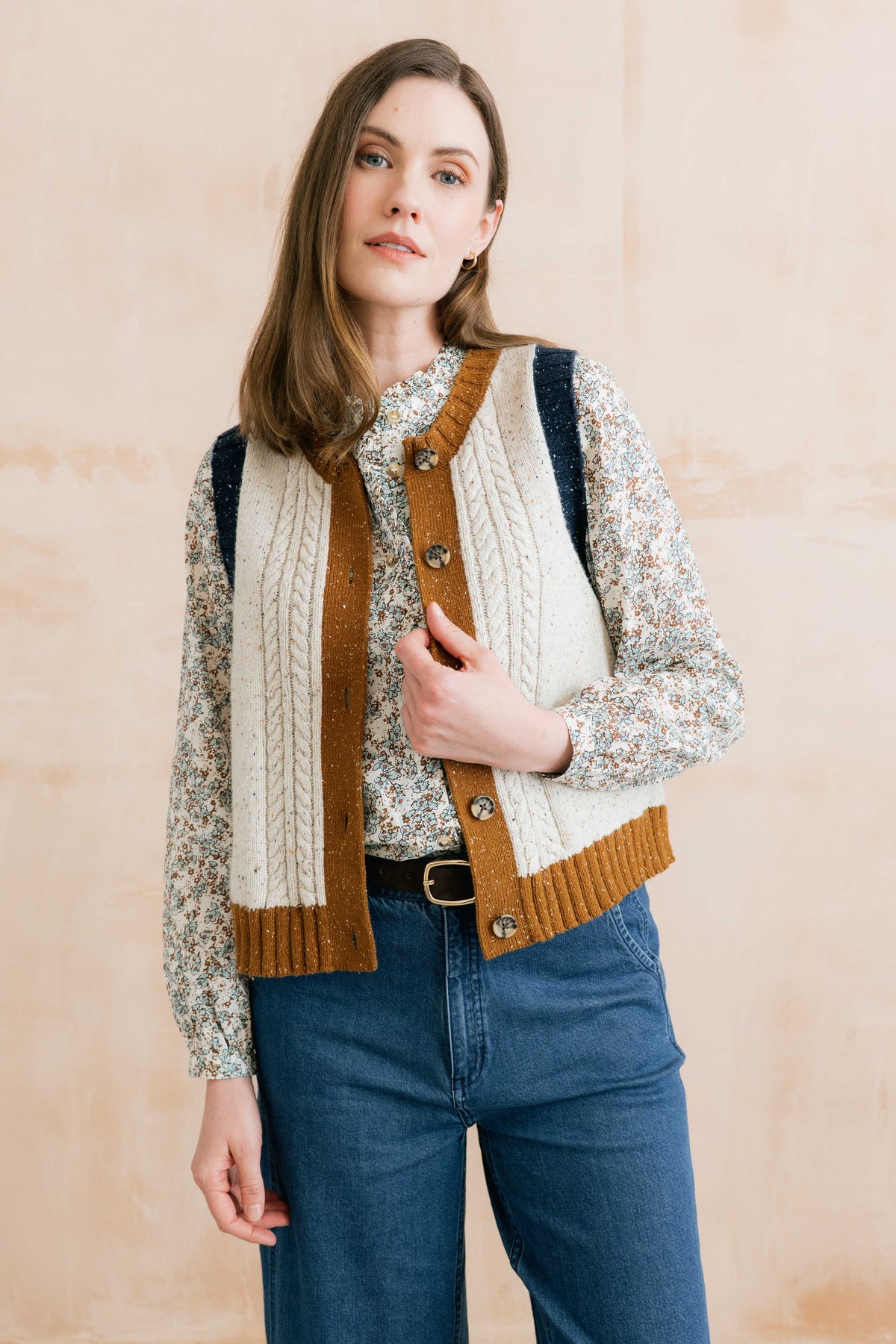 Grove Colour Block Knitted Waistcoat Ecru