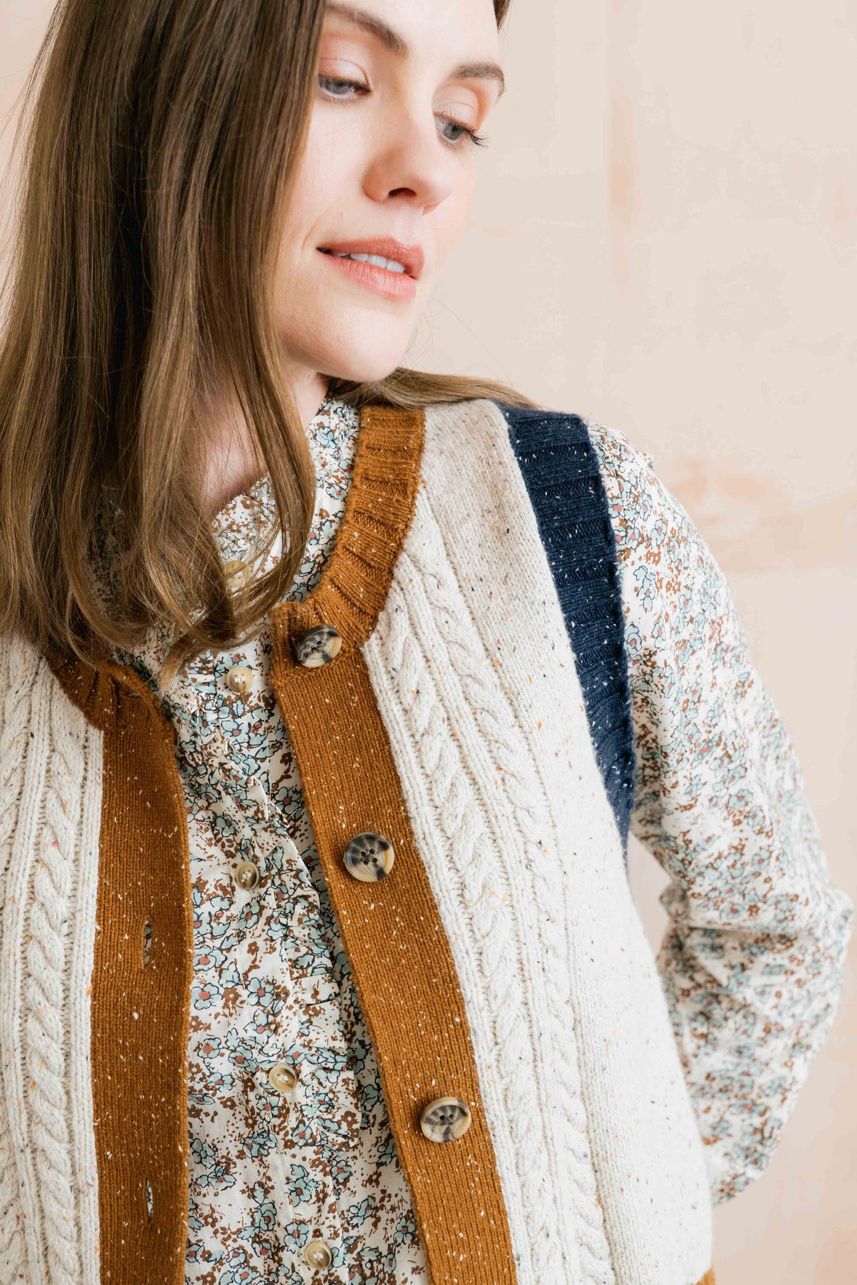 Grove Colour Block Knitted Waistcoat Ecru