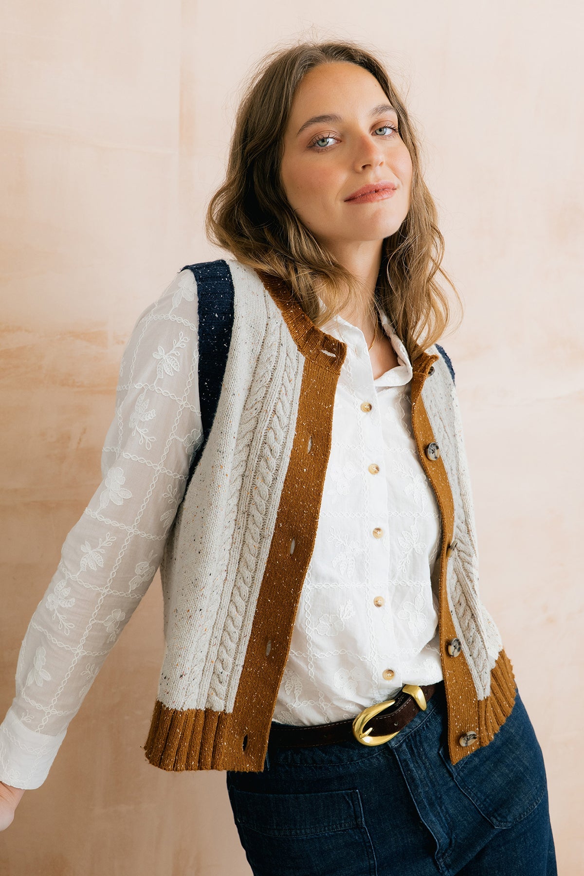 Grove Colour Block Knitted Waistcoat Ecru