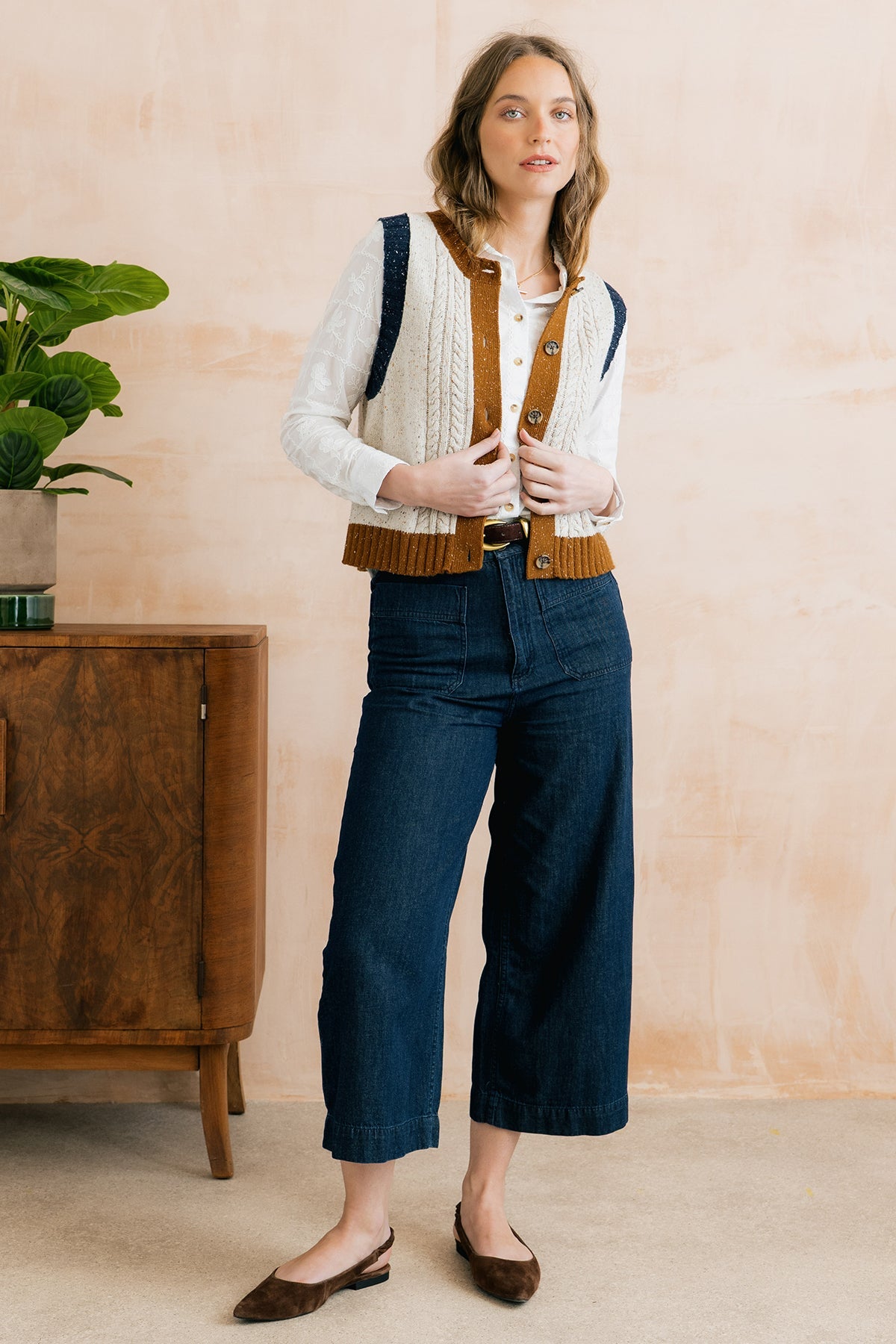 Grove Colour Block Knitted Waistcoat Ecru