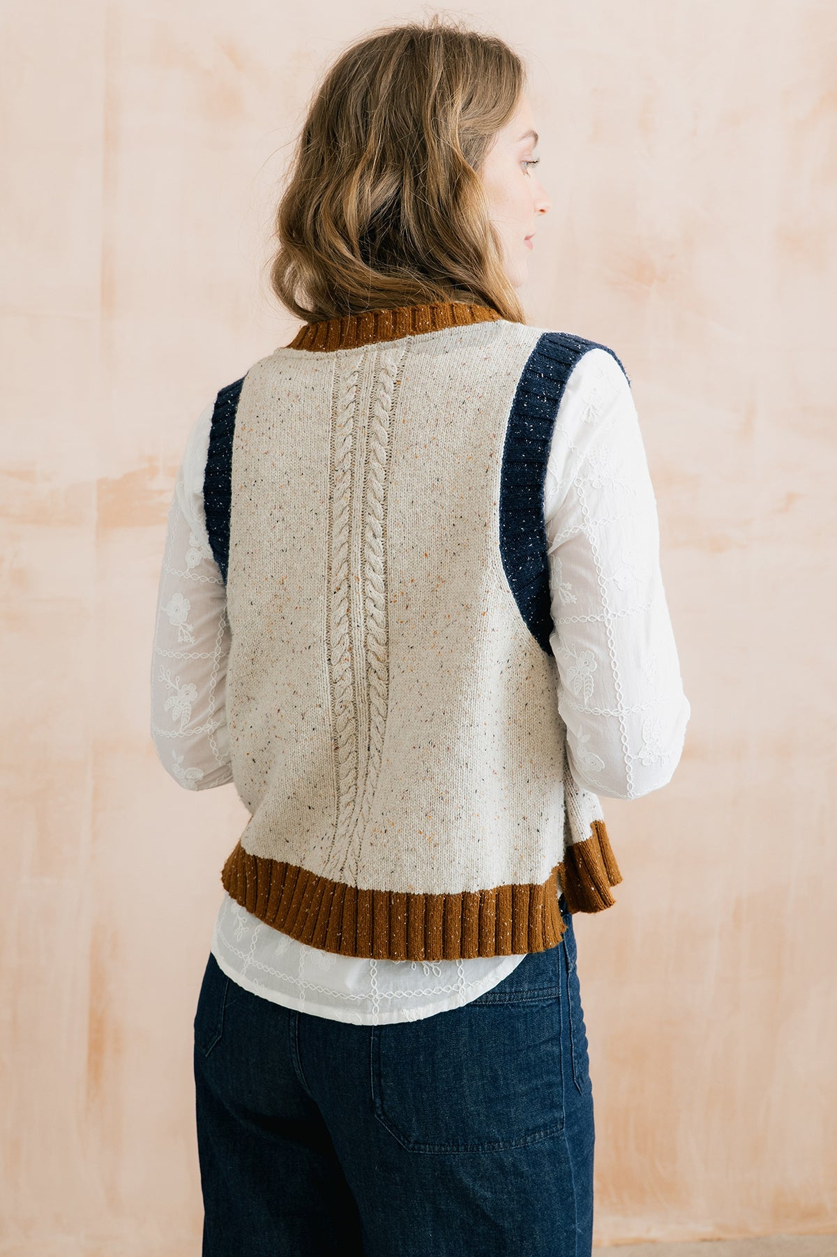 Grove Colour Block Knitted Waistcoat Ecru