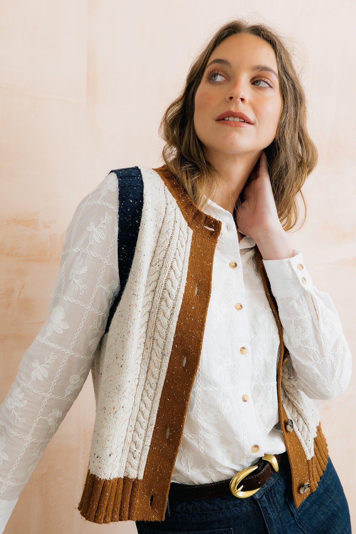 Grove Colour Block Knitted Waistcoat Ecru