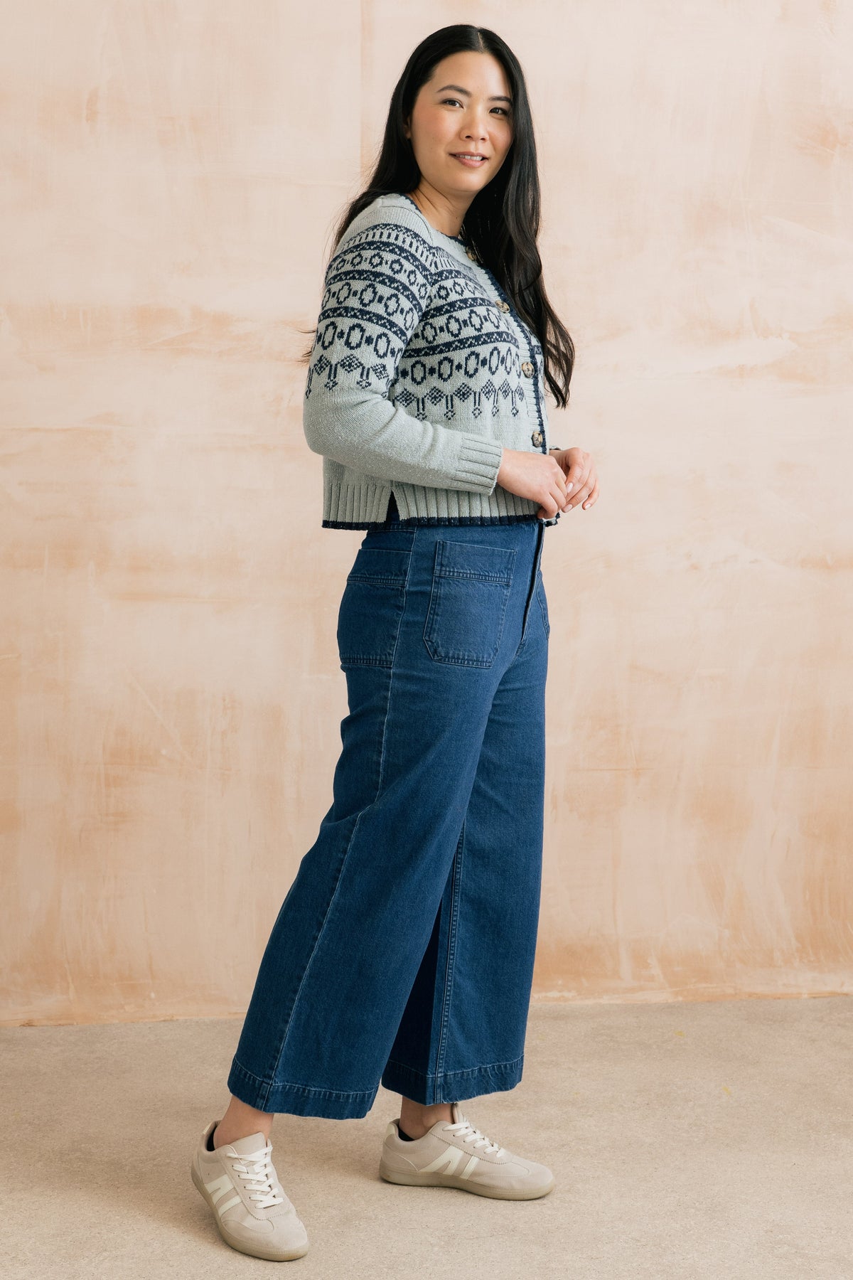 Easel Fair Isle Knit Cardigan Mist