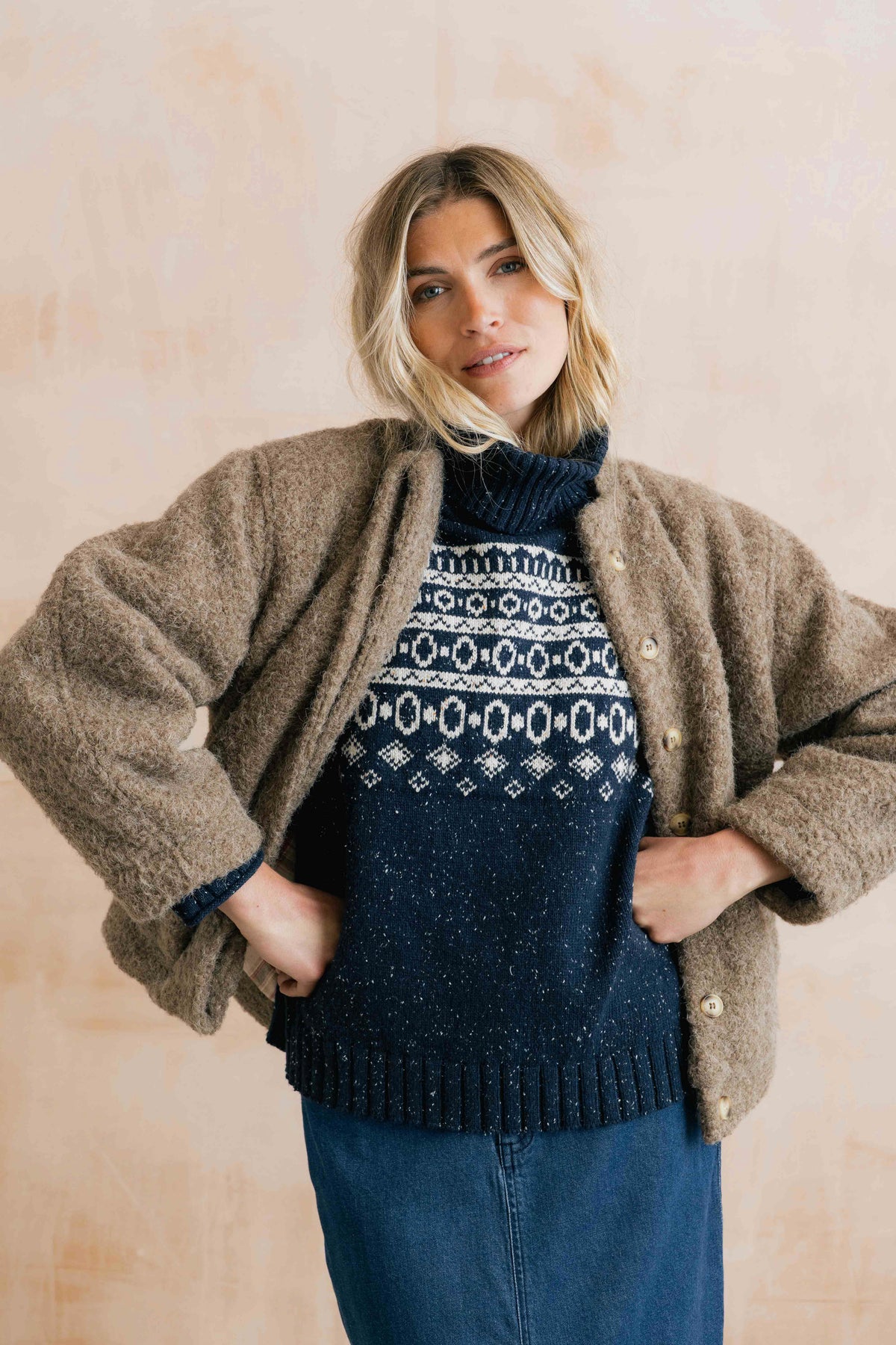 Easel Fair Isle Roll Neck Jumper Navy