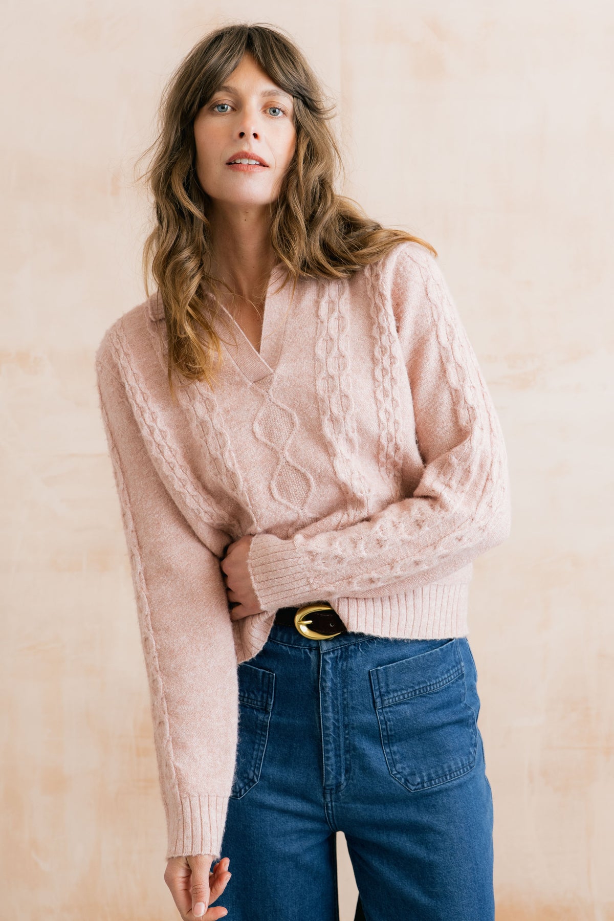 Studio Cable Knit Collared Jumper Antique Pink