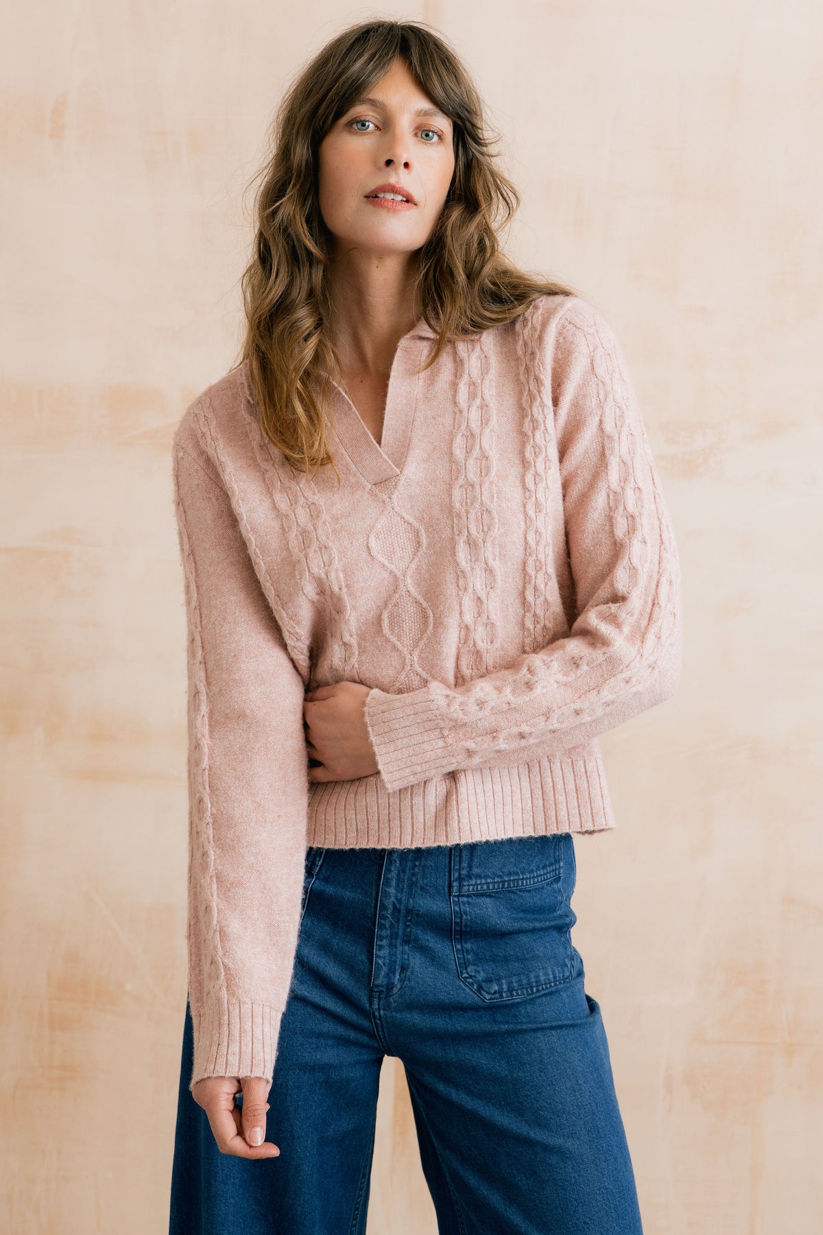 Studio Cable Knit Collared Jumper Antique Pink