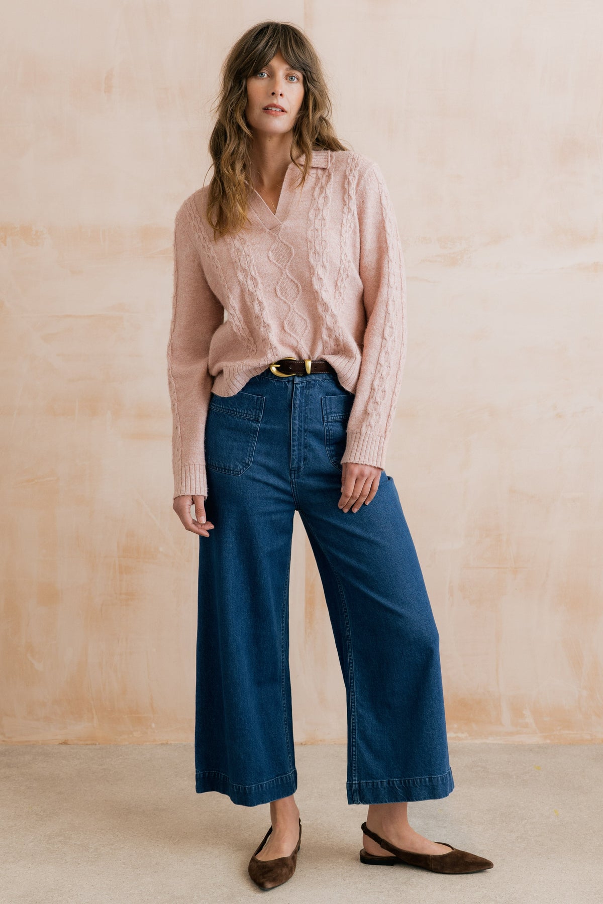 Studio Cable Knit Collared Jumper Antique Pink