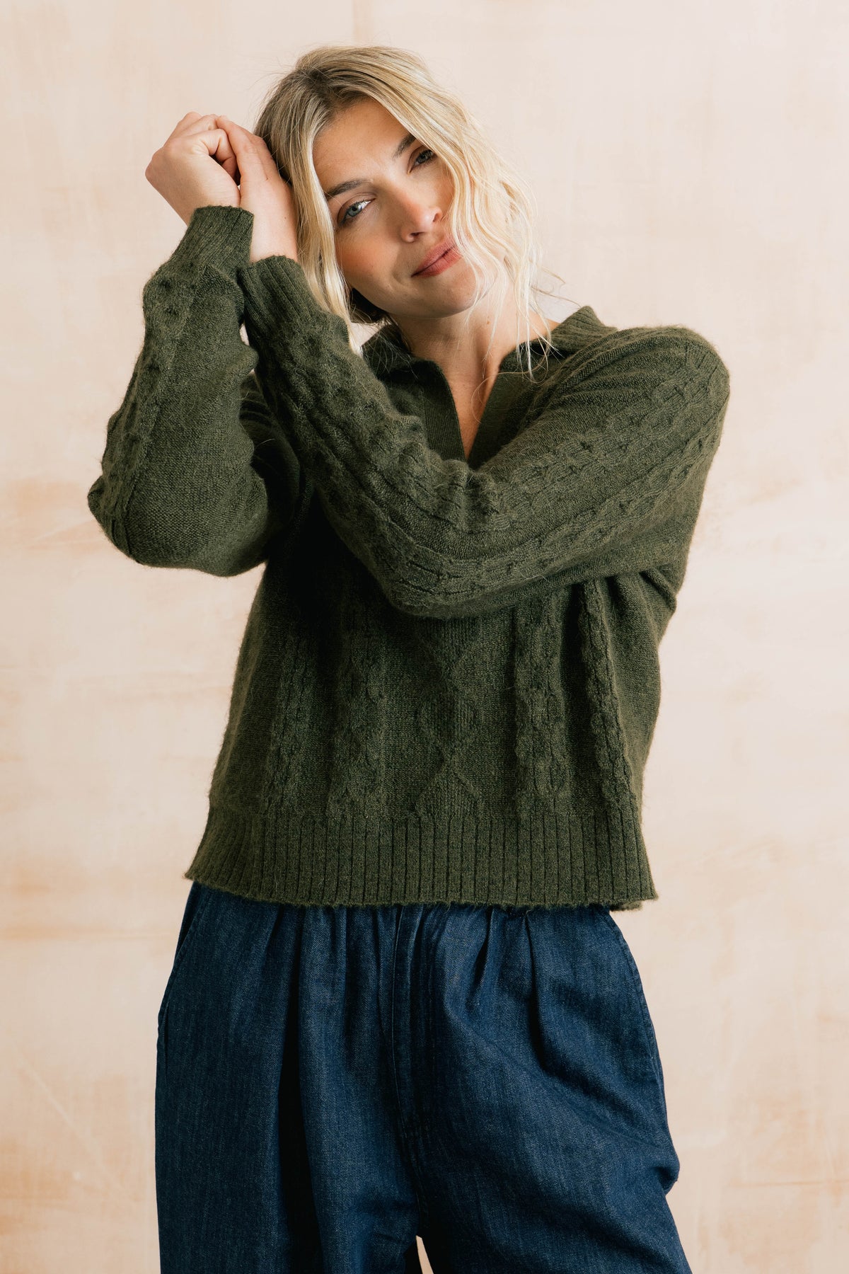 Studio Cable Knit Collared Jumper Dark Olive