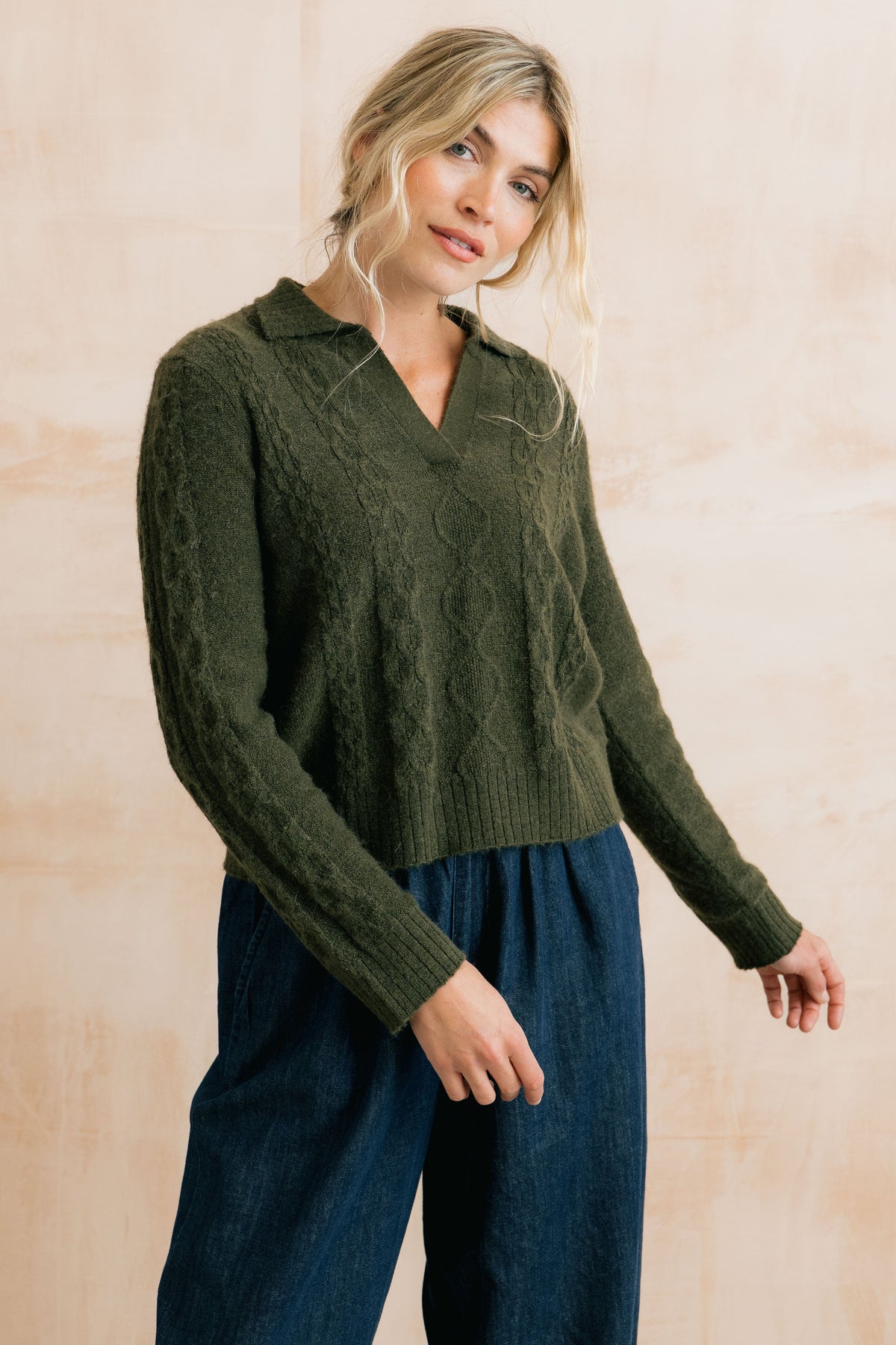 Studio Cable Knit Collared Jumper Dark Olive