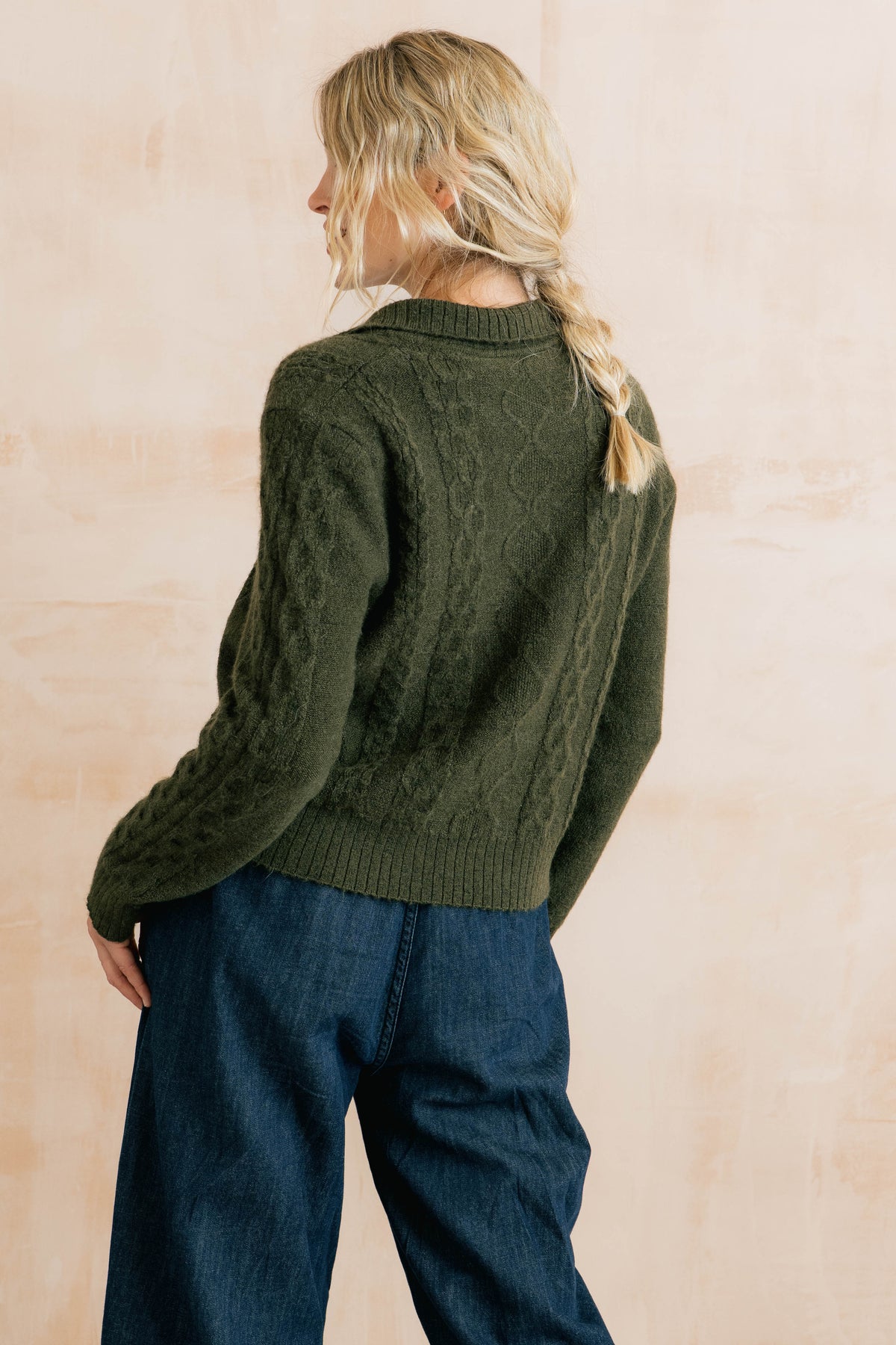 Studio Cable Knit Collared Jumper Dark Olive