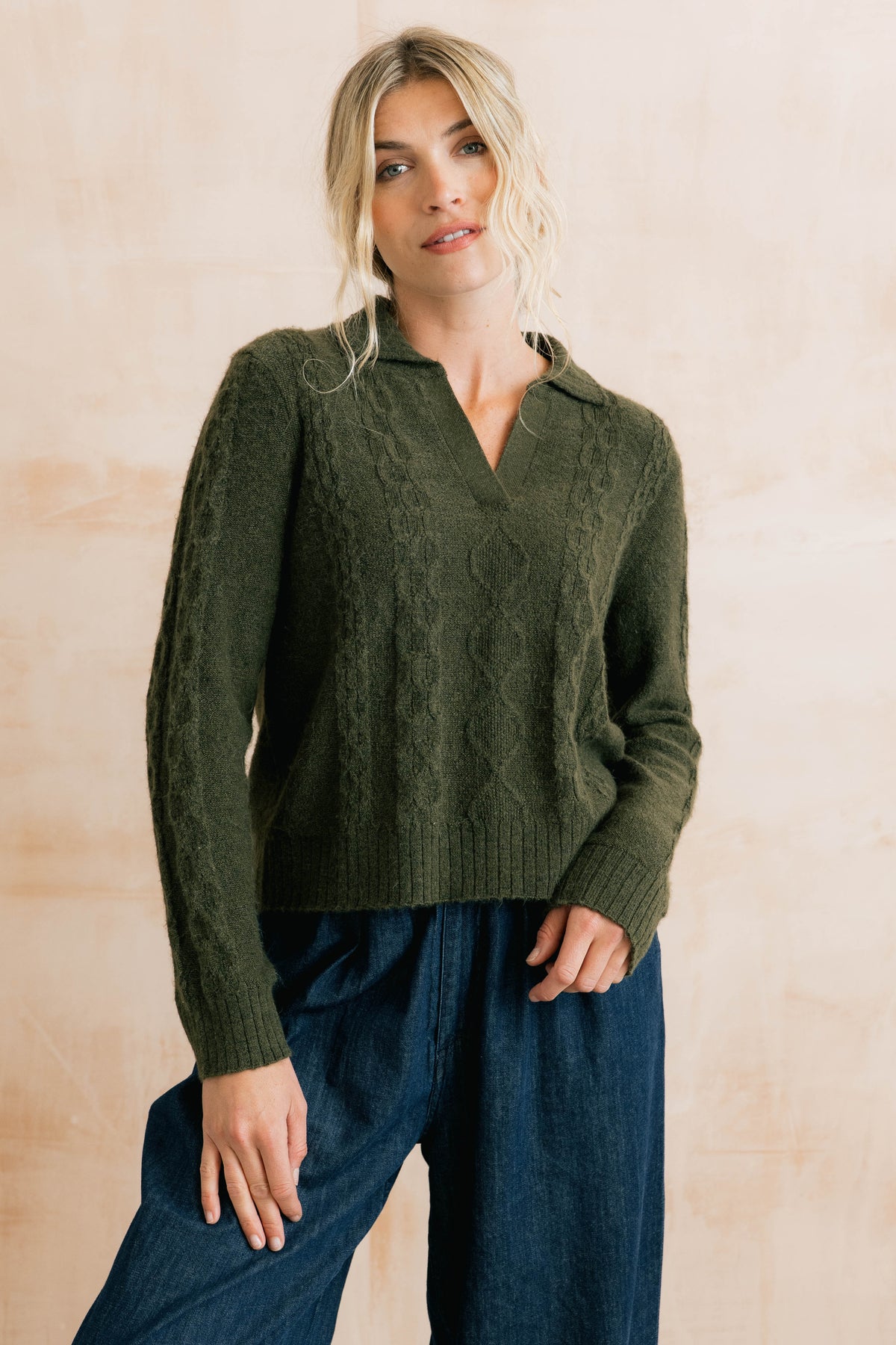 Studio Cable Knit Collared Jumper Dark Olive
