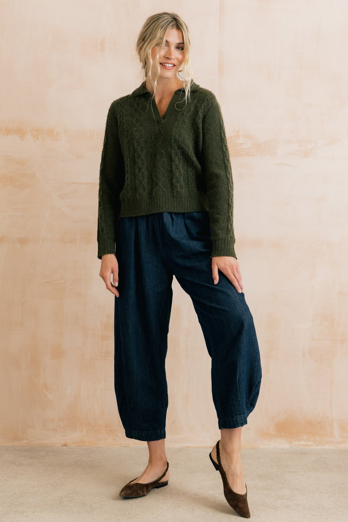 Studio Cable Knit Collared Jumper Dark Olive