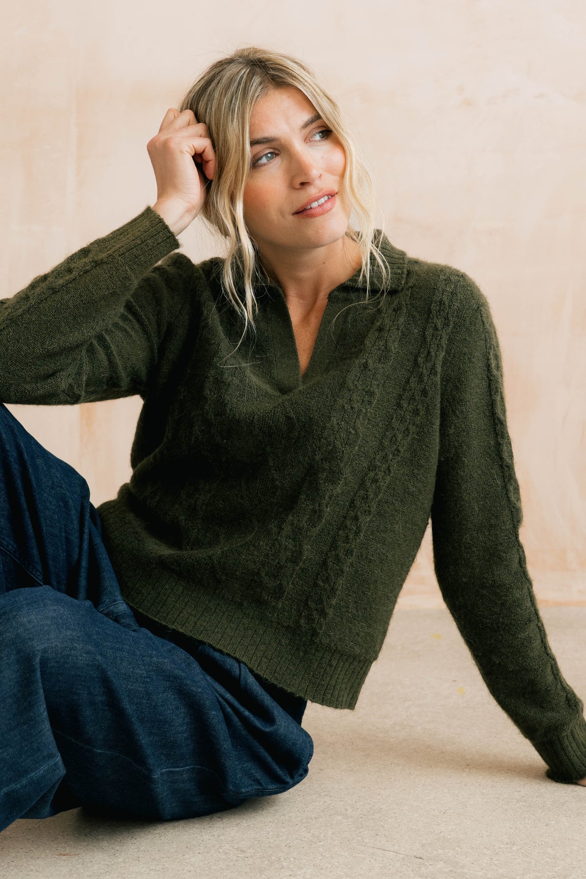 Studio Cable Knit Collared Jumper Dark Olive