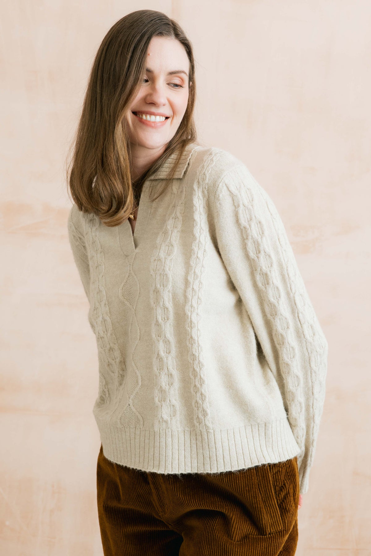 Studio Cable Knit Collared Jumper Oatmeal